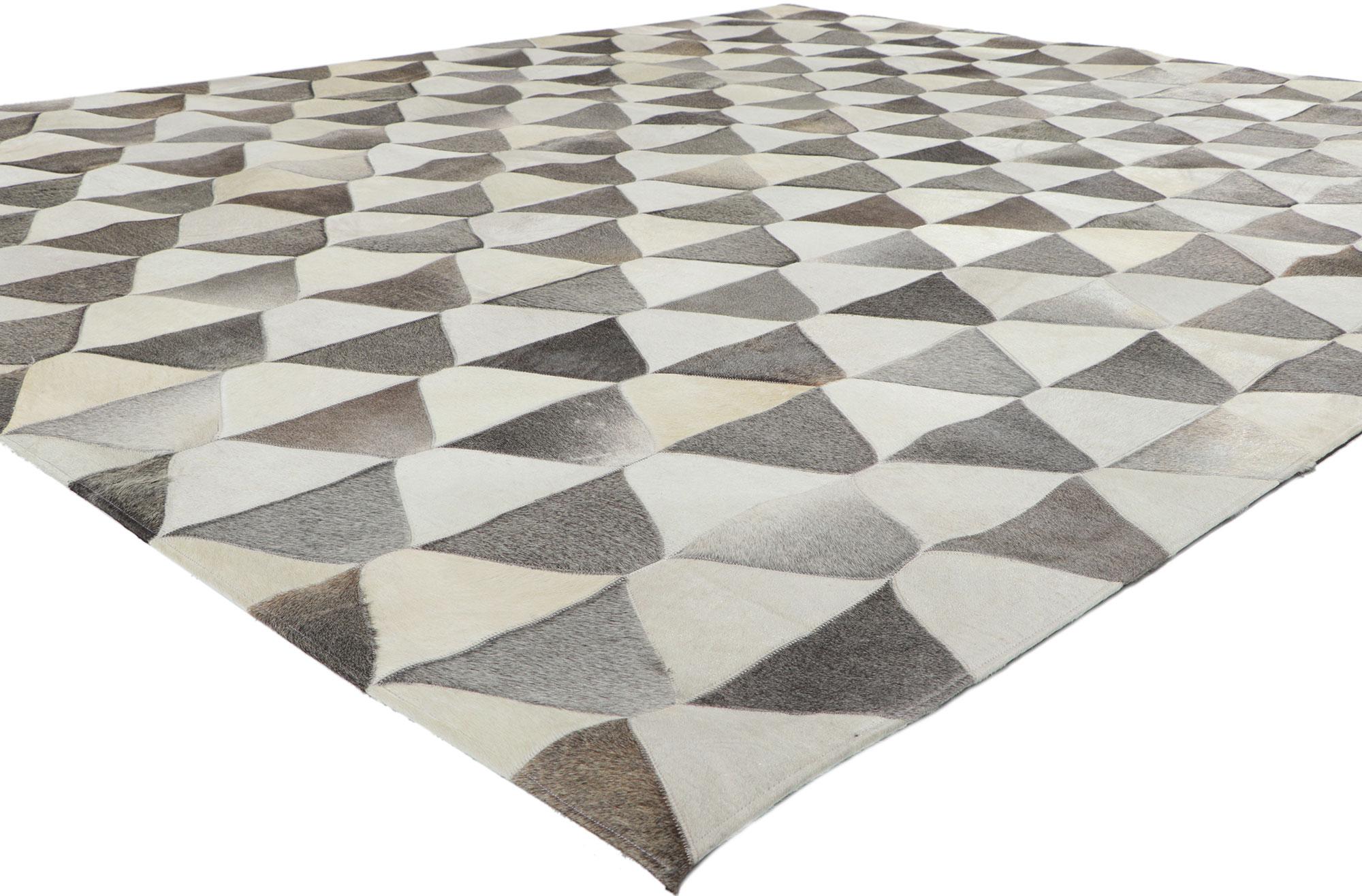 30911 New Contemporary Patchwork Cowhide Rug with Modern Style, 08'02 x 09'11. Call the wild indoors and bring a sense of adventure home with this handcrafted cowhide rug. Showcasing a modern design, incredible detail and texture, this leather