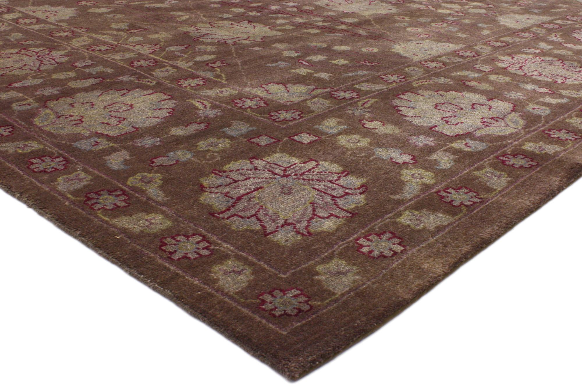 30222 Brown Transitional Area Rug from India, 07'08 X 10'00. Behold a harmonious symphony of nature-inspired elegance with our hand-knotted wool transitional area rug, a testament to the artistry flourishing on the looms of India. Immerse yourself