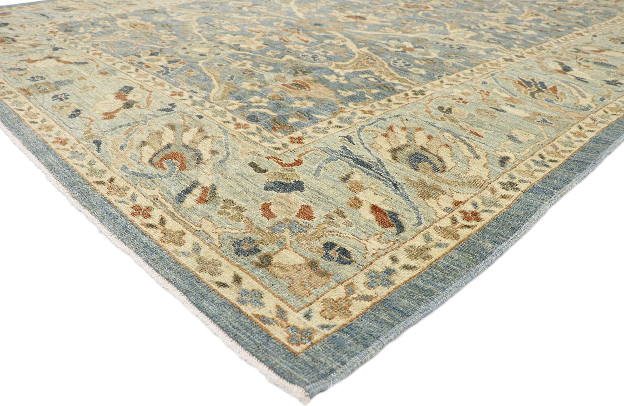 60917, new Contemporary Persian Sultanabad rug with Modern Coastal Style 09'03 x 12'03. This hand-knotted wool contemporary Persian Sultanabad rug features an all-over botanical trellis pattern spread across an abrashed cerulean hued field. An array