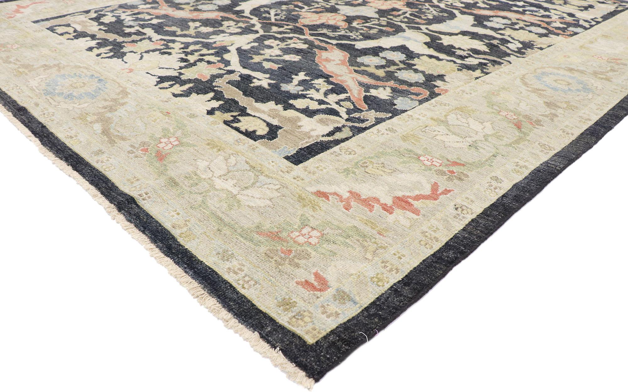 60884, New Contemporary Persian Sultanabad rug with Modern Parisian style. Blending elements from the modern world with a vibrant color palette, this hand knotted wool contemporary Parisian Sultanabad rug is poised to impress. It features an