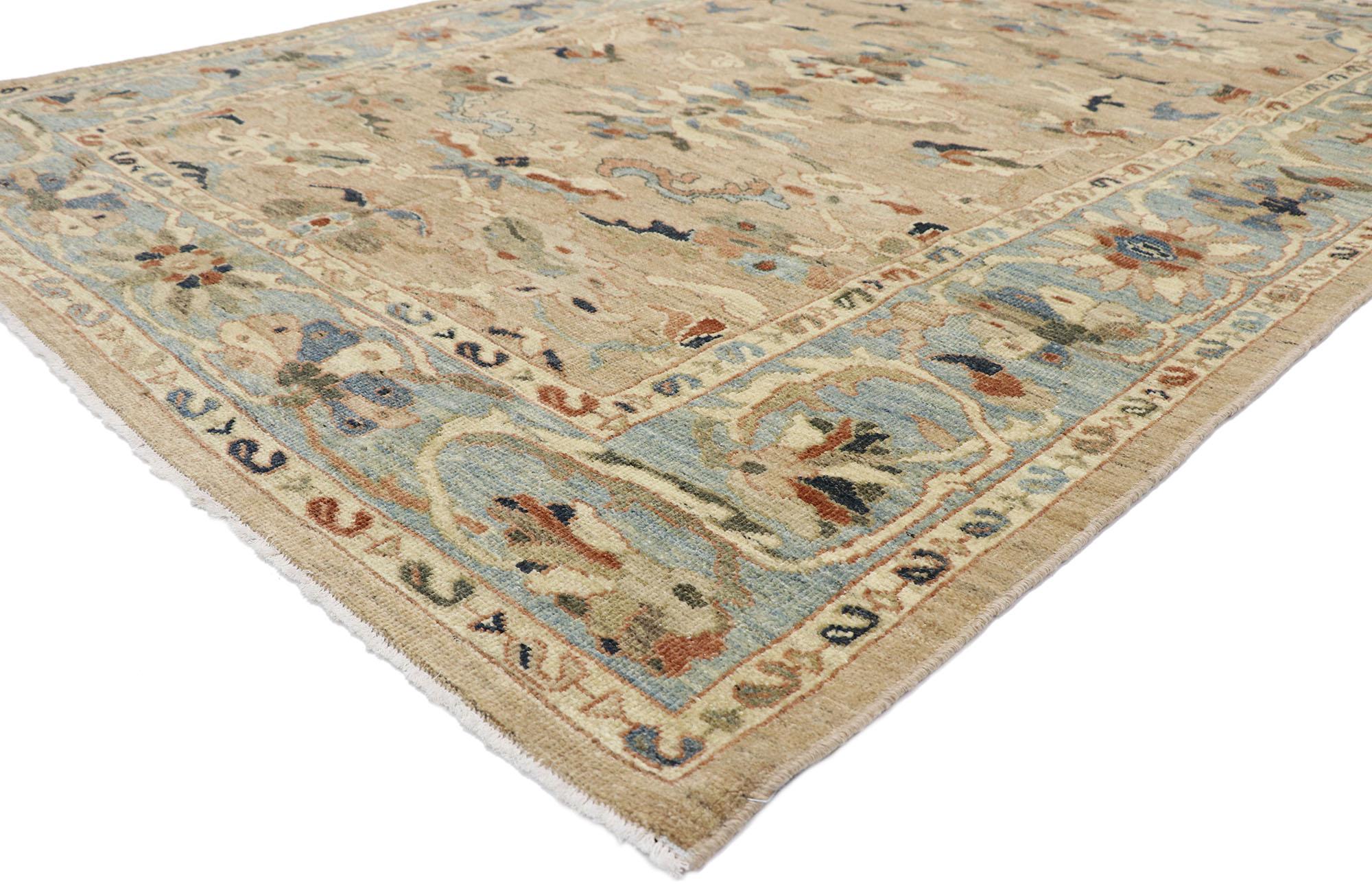 60918 new contemporary Persian Sultanabad rug with Modern style 06'11 x 09'04. This hand-knotted wool contemporary Persian Sultanabad rug features an all-over botanical pattern spread across an abrashed brown field. An array of botanical motifs