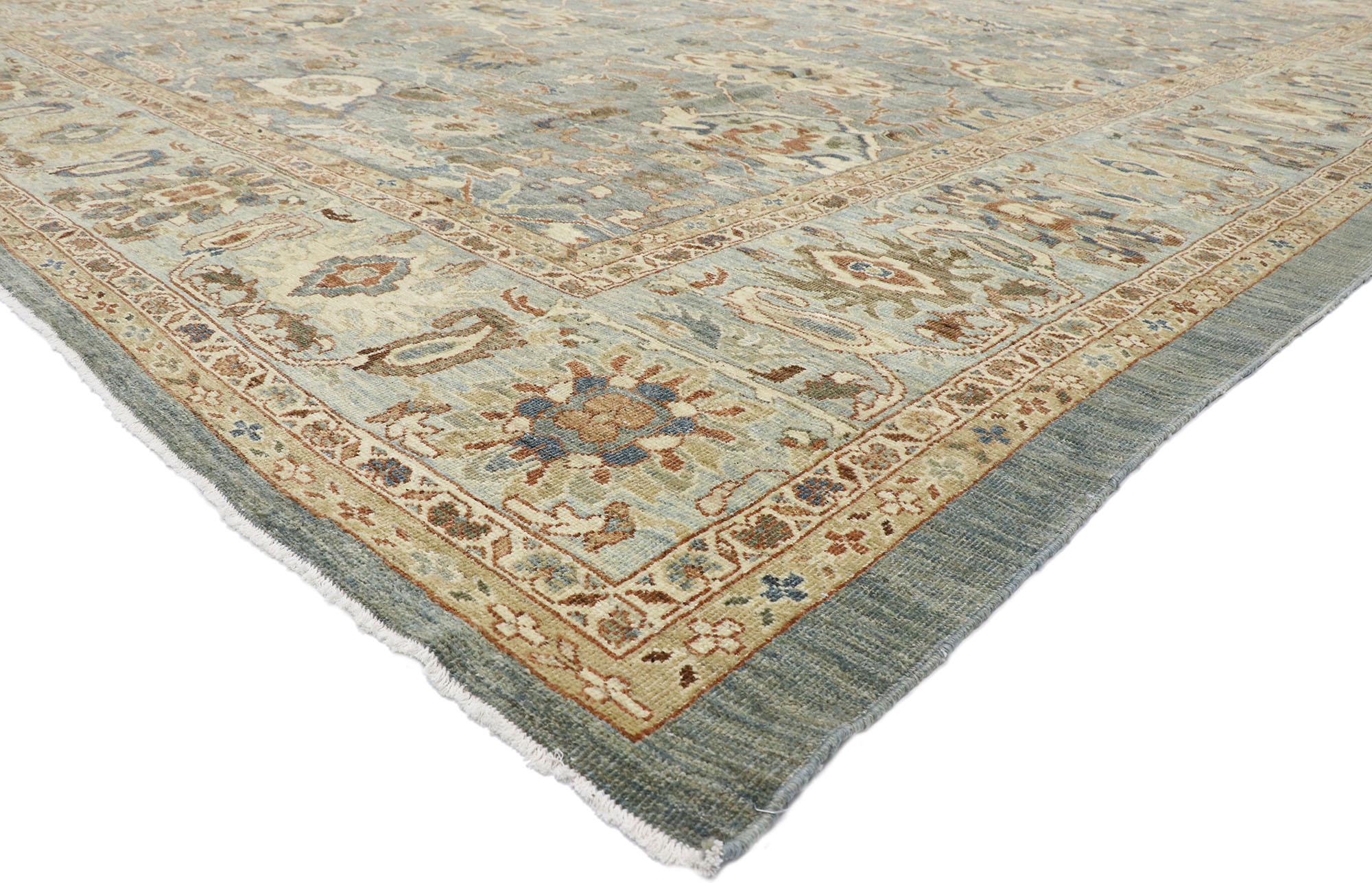 60902 new contemporary Persian Sultanabad rug with Modern style 13'10 x 17'09. This hand-knotted wool contemporary Persian Sultanabad rug features an all-over botanical trellis pattern spread across an abrashed cerulean and gray striated field. An