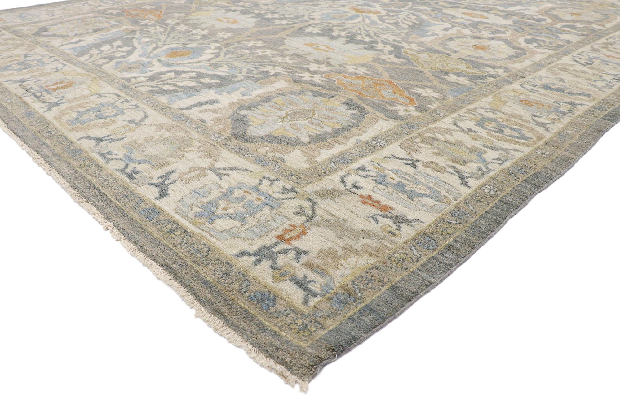 60868, new contemporary Persian Sultanabad rug with Modern Transitional style. Understated elegance combined with cool gray hues and blue undertones, this hand-knotted wool contemporary Persian Sultanabad rug creates an inimitable warmth and calming