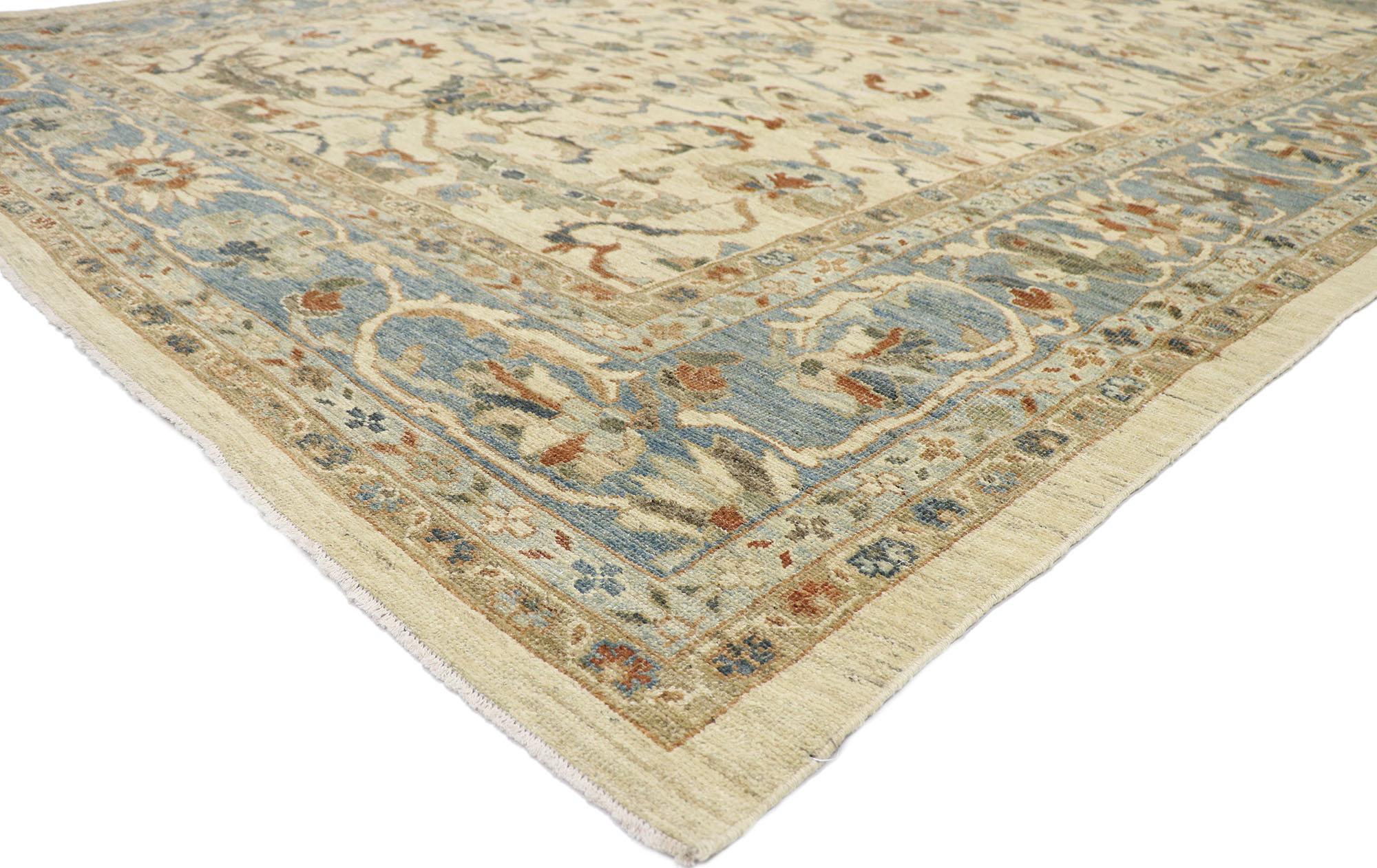 60915 new contemporary Persian Sultanabad rug with Modern Transitional style 10'00 x 14'03. This hand-knotted wool contemporary Persian Sultanabad rug features an all-over botanical trellis pattern spread across an abrashed sand-beige field. An