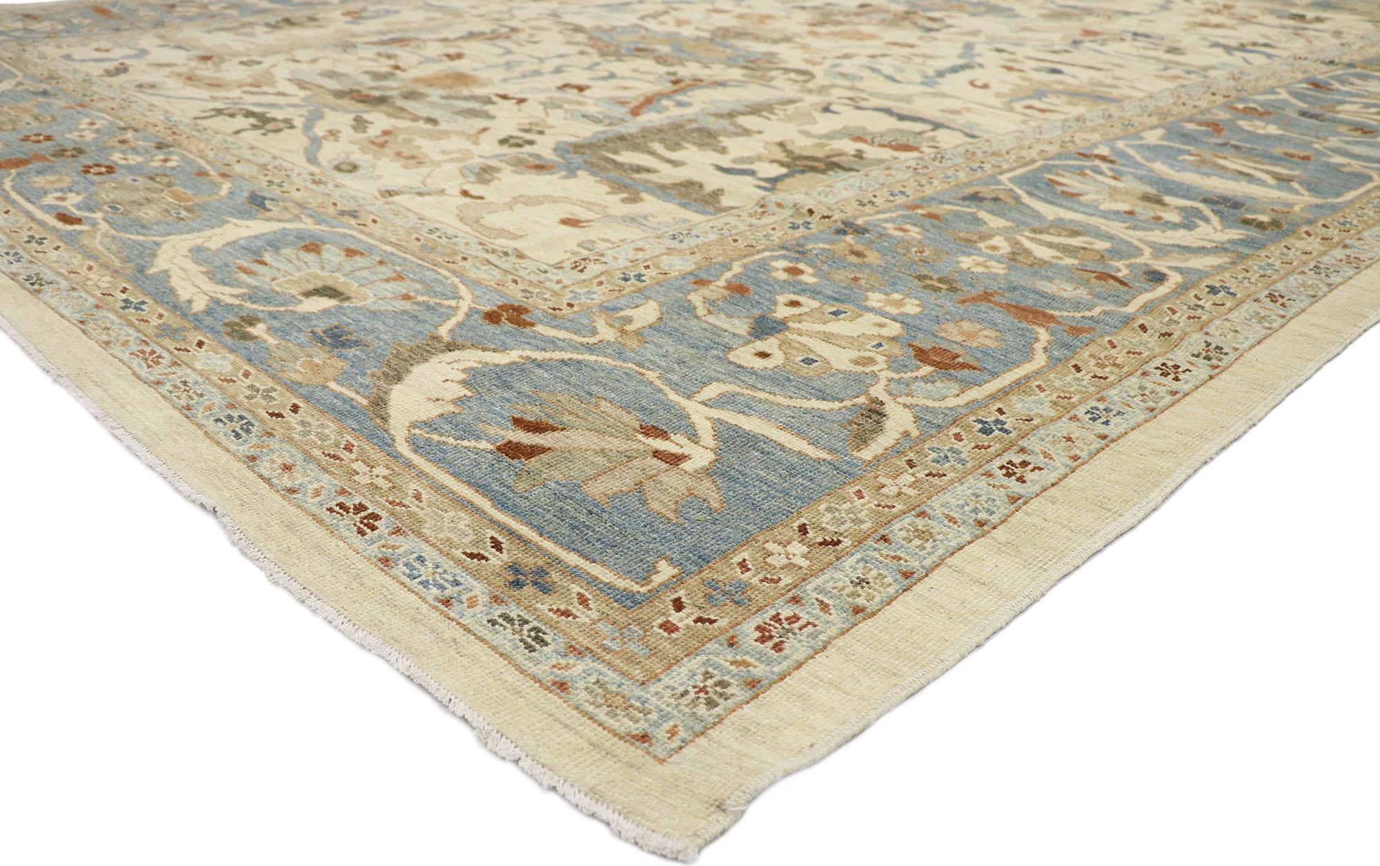 60910 new Contemporary Persian Sultanabad rug with Modern Transitional style 12'09 x 16'04. This hand-knotted wool contemporary Persian Sultanabad rug features an all-over botanical lattice pattern spread across an abrashed sand-beige field. An