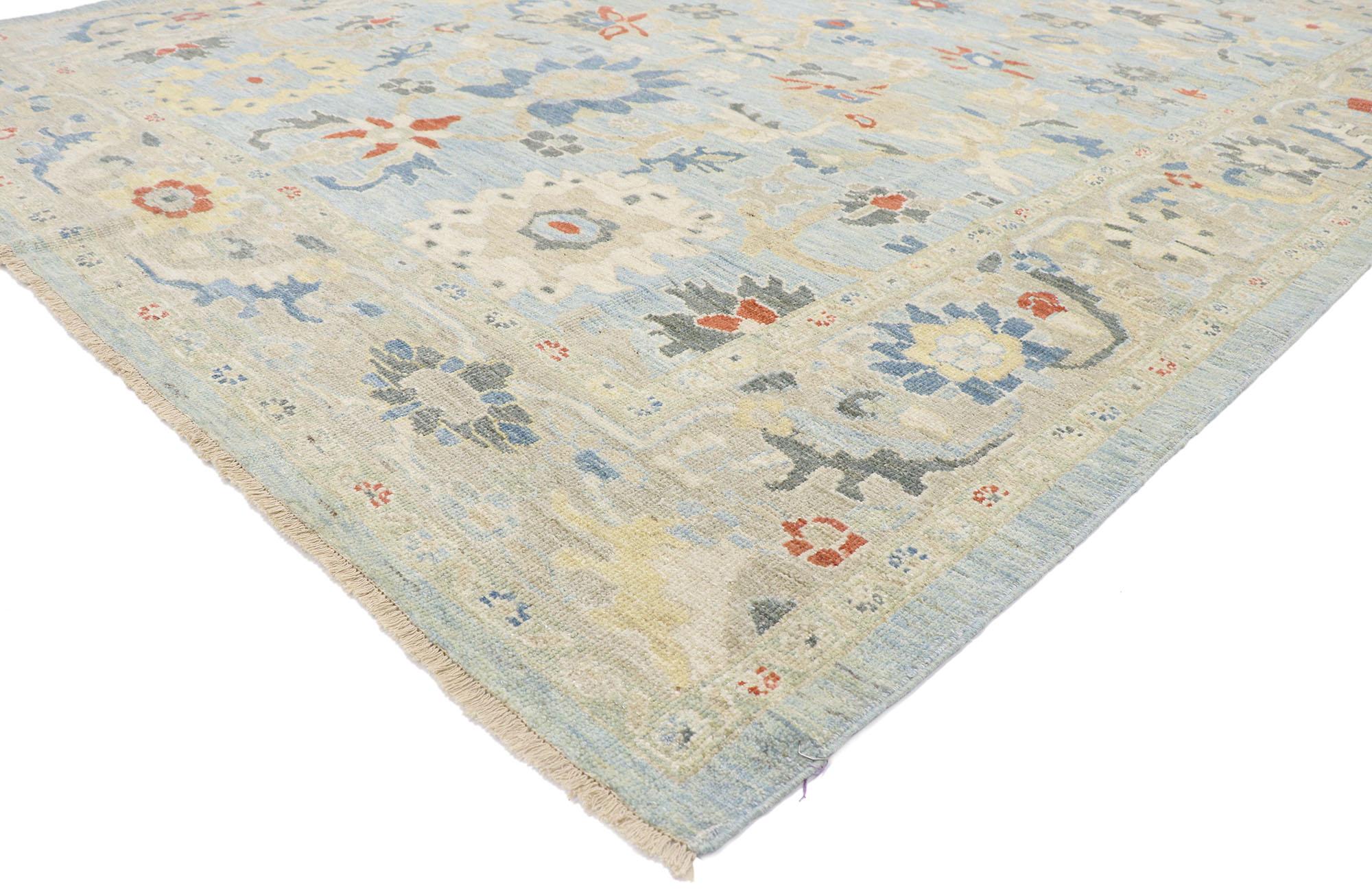 60867 Modern Turkish Persian Sultanabad Rug, 08'08 x 11'09. Embark on a captivating journey where Biophilic Design seamlessly merges with timeless allure, unveiling the exquisite beauty of a hand-knotted wool Turkish Persian Sultanabad rug. A