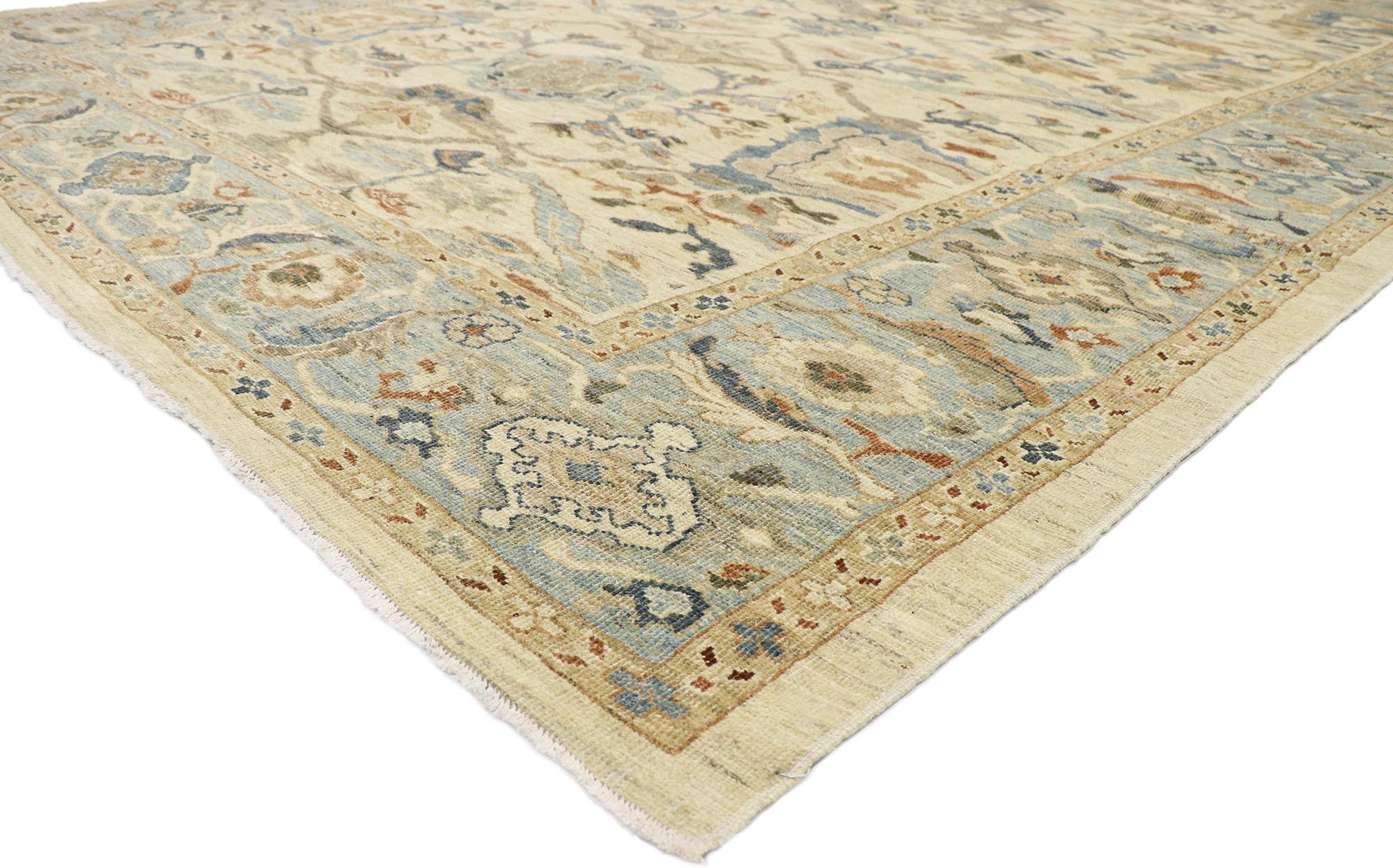 60898 new contemporary Persian Sultanabad rug with Transitional Modern style 10'04 x 14'00. This hand-knotted wool contemporary Persian Sultanabad rug features an all-over botanical lattice pattern spread across an abrashed tan field. An array of