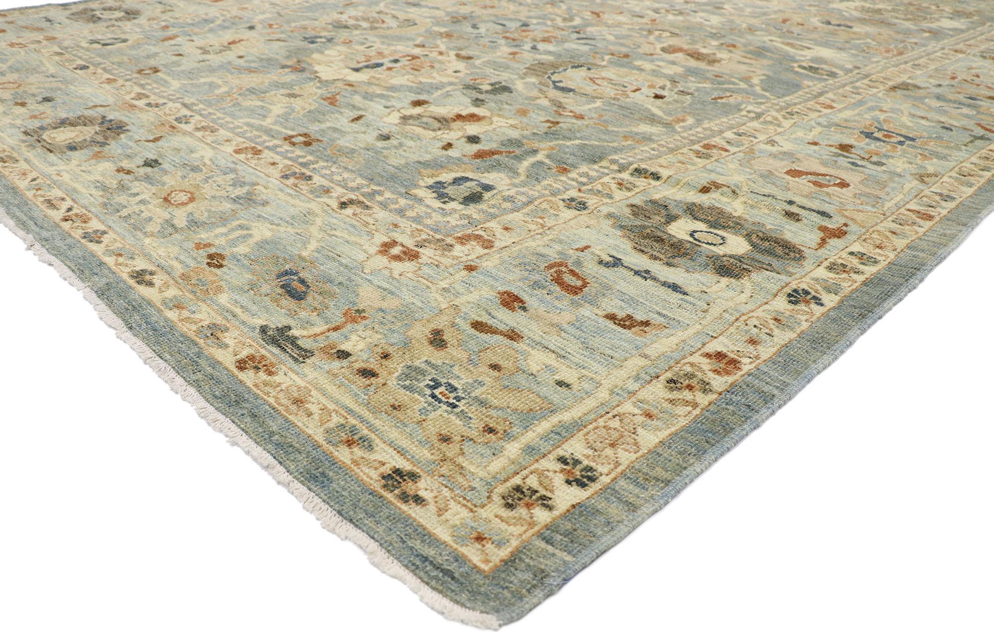 60899, new Contemporary Persian Sultanabad rug with Transitional Modern style. This hand-knotted wool contemporary Persian Sultanabad rug features an all-over botanical lattice pattern spread across an abrashed blue-grey field. An array of botanical
