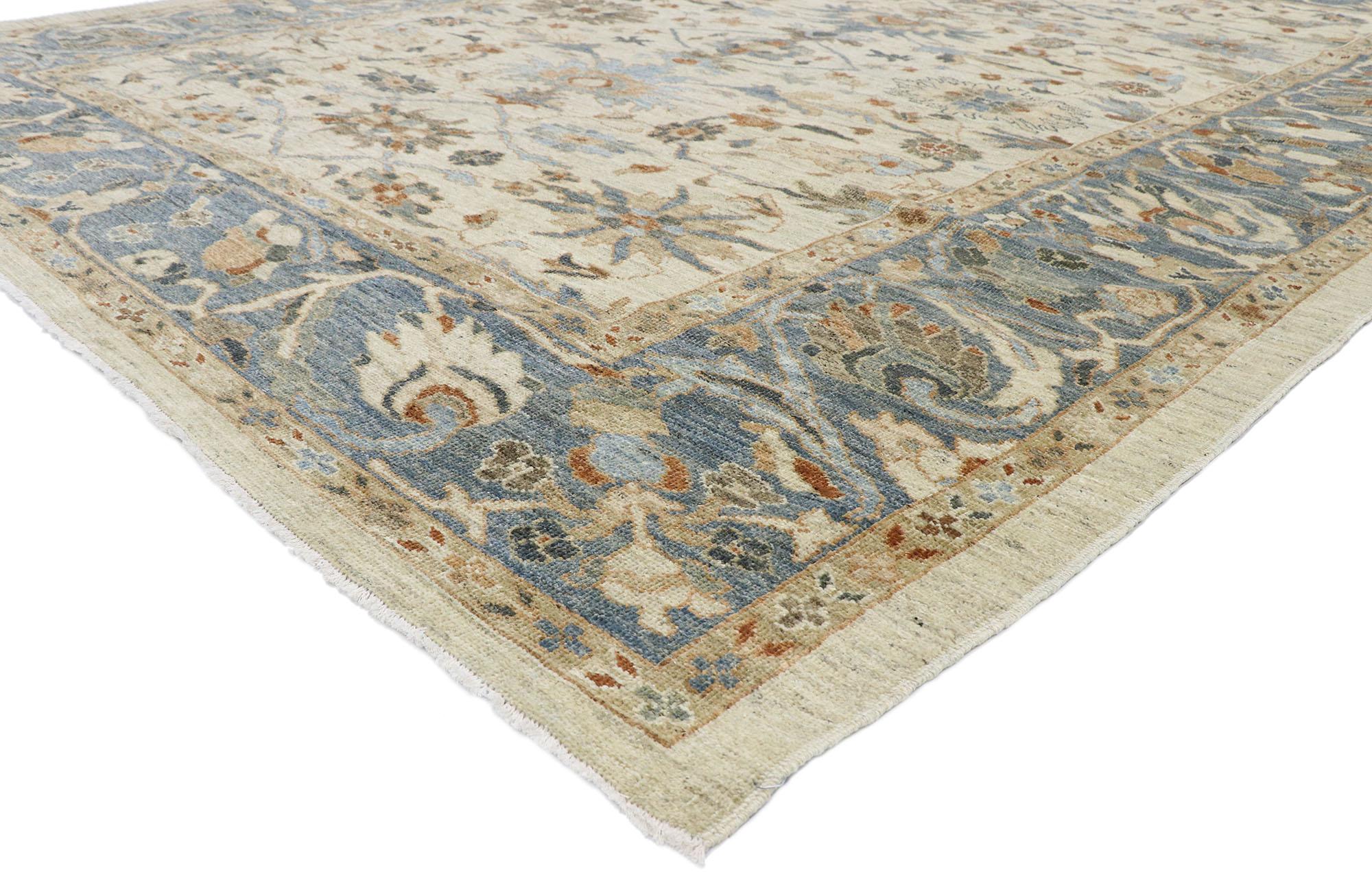 60911 New Contemporary Persian Sultanabad rug with Transitional Modern Style 09'05 x 12'03. This hand-knotted wool contemporary Persian Sultanabad rug features an all-over botanical trellis pattern spread across an abrashed tan striated field. An