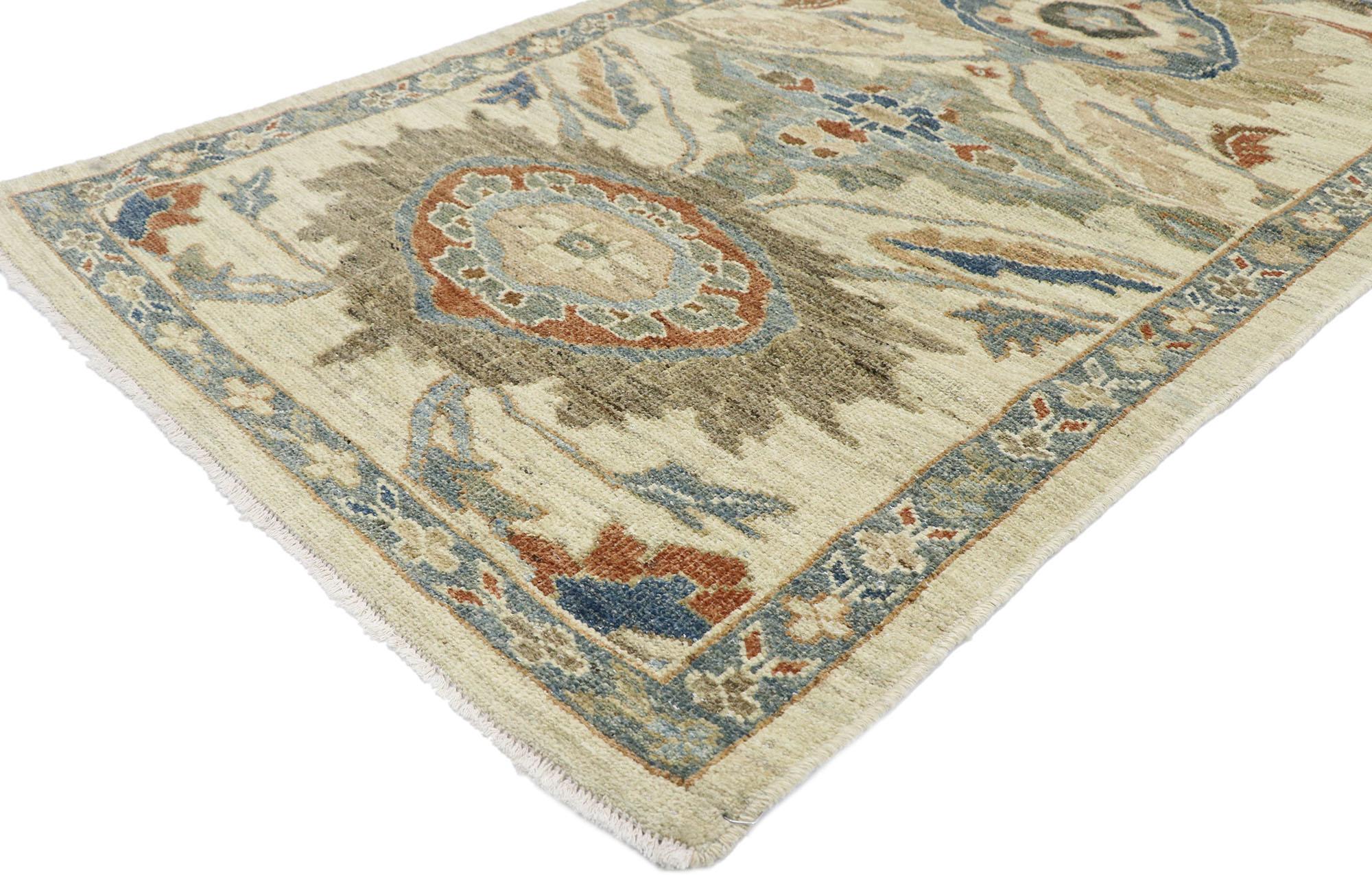 60904 New Contemporary Persian Sultanabad runner with Modern Transitional Style 03'05 x 18'04. This hand-knotted wool contemporary Persian Sultanabad carpet runner features an all-over botanical pattern spread across an abrashed tan striated field.