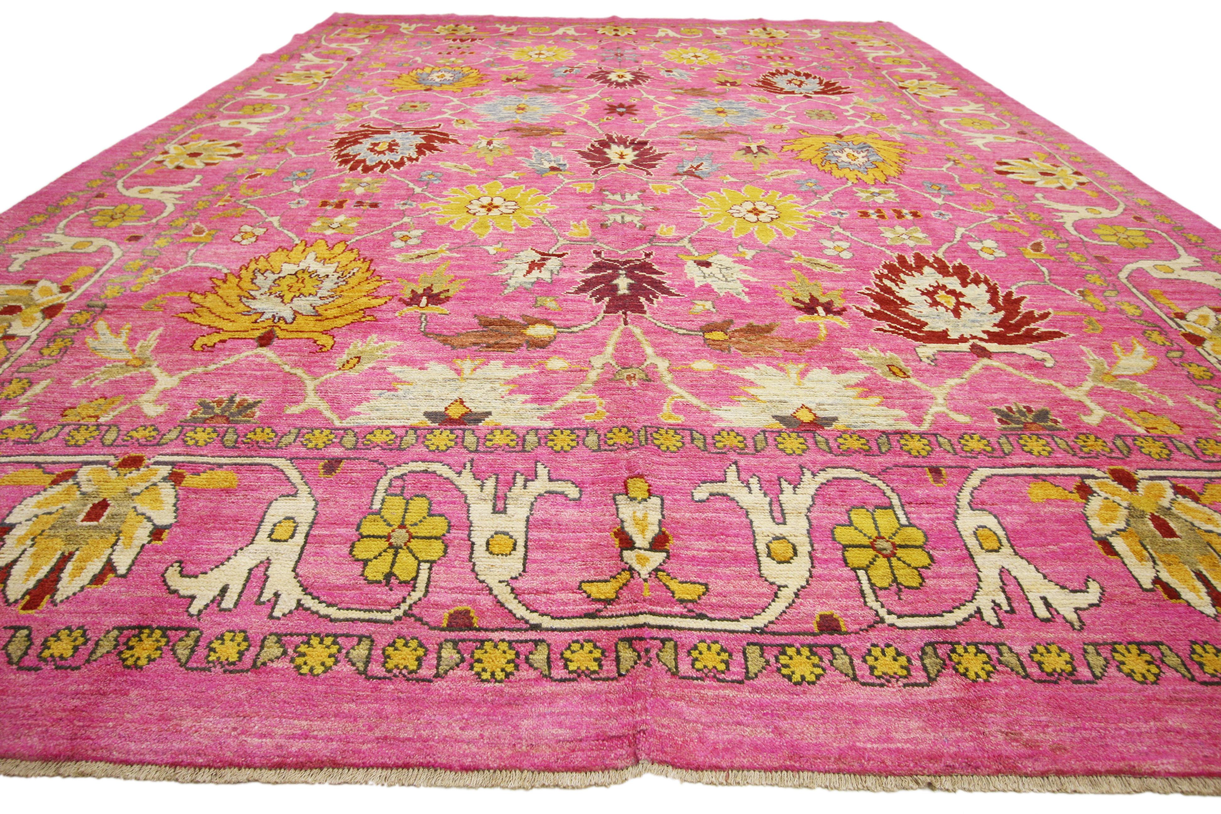 Hand-Knotted New Contemporary Pink Turkish Oushak Rug with Post-Modern Style For Sale