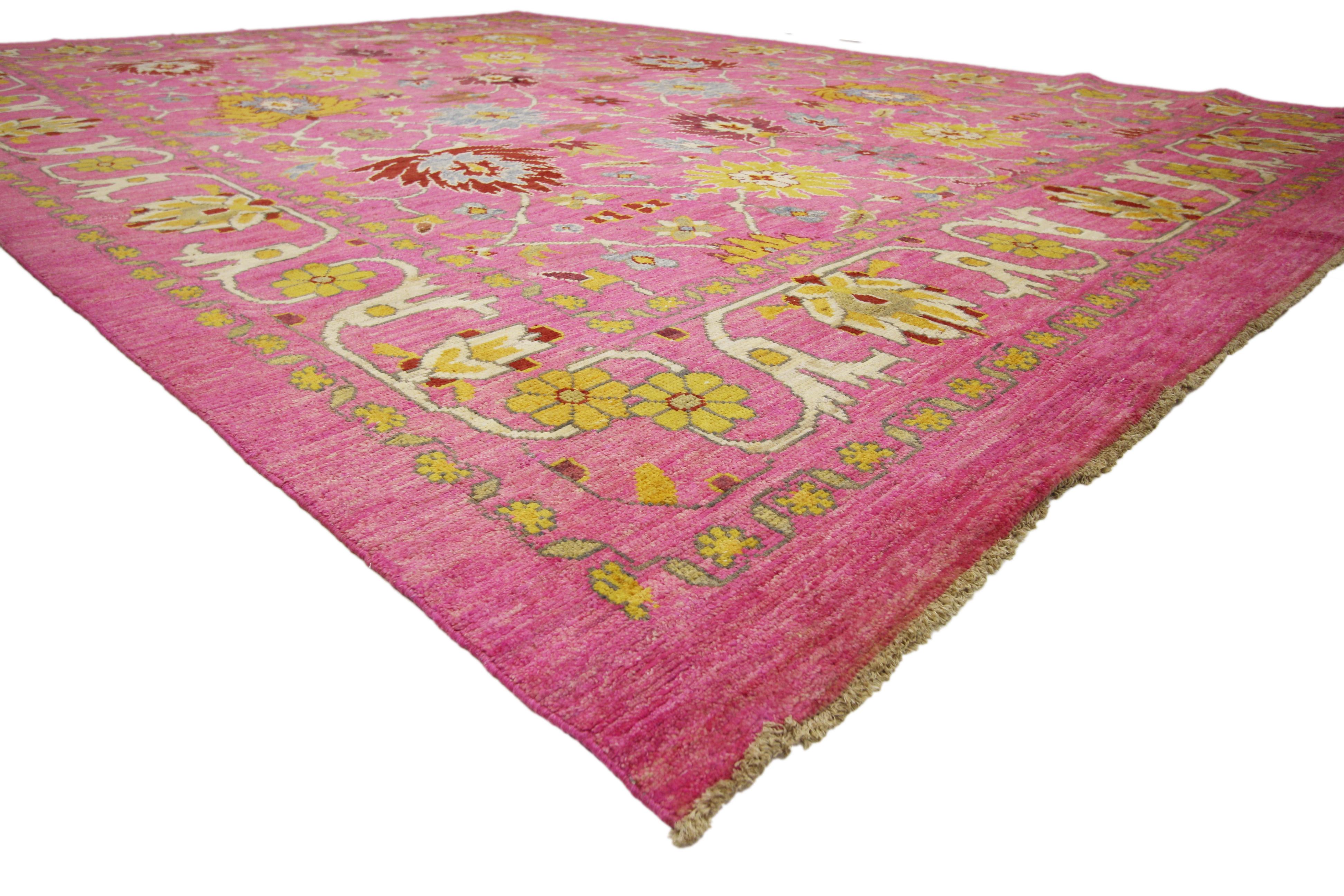 60660 New Contemporary Pink Turkish Oushak Rug with Post-Modern Style. This hand knotted wool contemporary Oushak area rug features an all-over lively floral lattice pattern composed of Harshang-style motifs, blooming palmettes, stylized flowers,