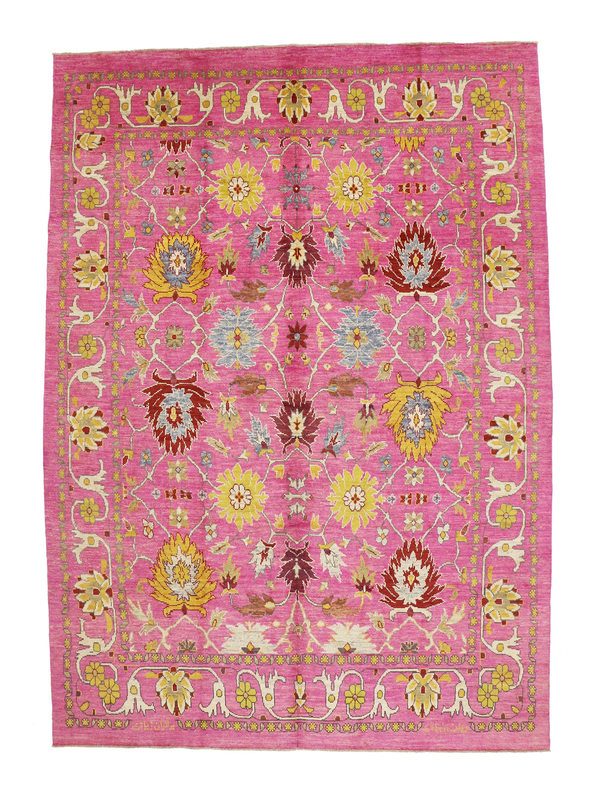 New Contemporary Pink Turkish Oushak Rug with Post-Modern Style For Sale 4