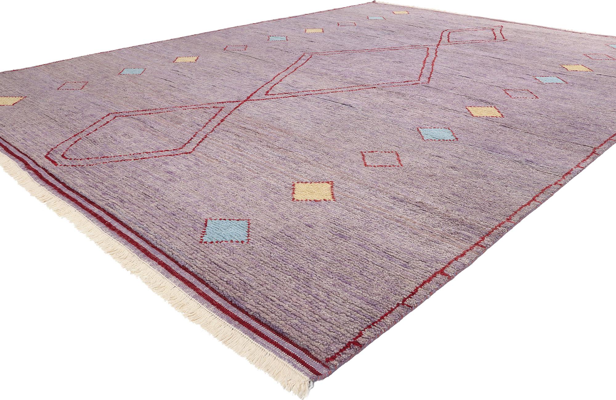 31080 Modern Tribal Purple Moroccan Rug, 09'02 x 12'02. Indian Moroccan rugs skillfully combine the tribal patterns, geometric shapes, and captivating motifs characteristic of Moroccan rug artistry. Handcrafted in India, these Moroccan-style rugs