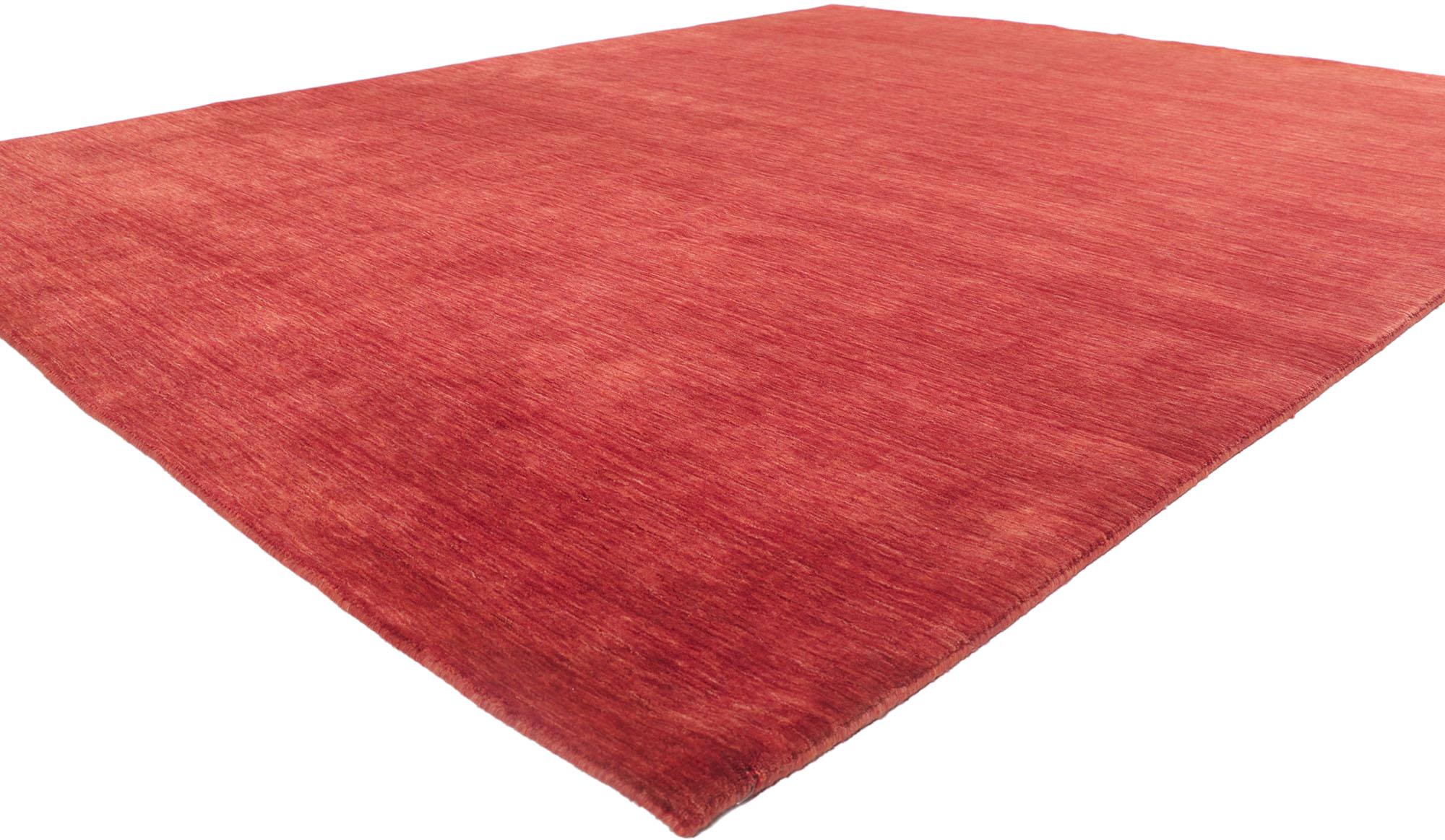 30731 New Contemporary Red Area rug with Modern Style 08'02 x 10'00. Effortless, elegant, and casual meets the eye in this contemporary Indian area rug. It features gorgeous red hues and softly gradated striations running selvage to selvage blending