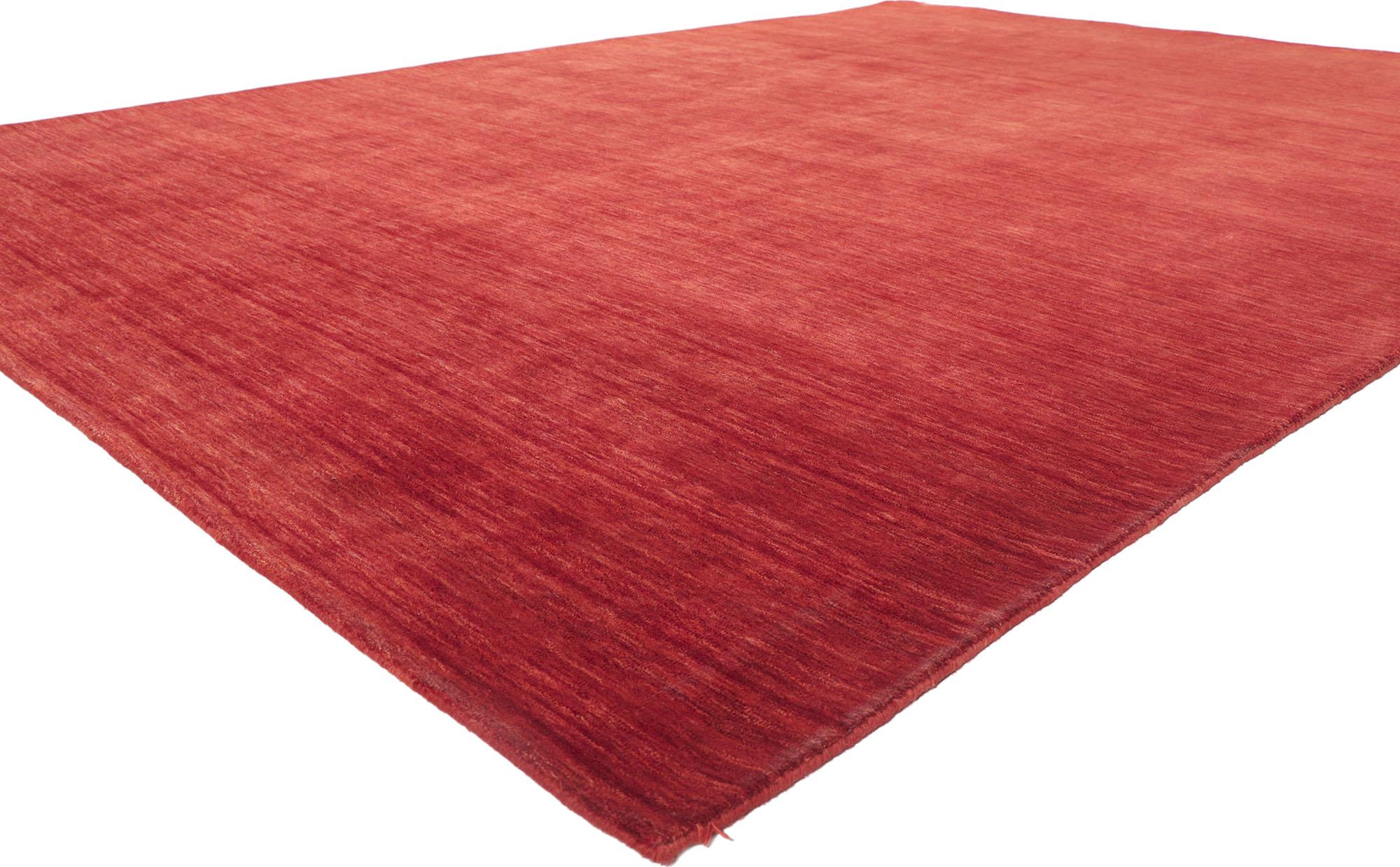 30733 New Contemporary Red Area rug with Modern Style 08'09 x 12'00. Effortless, elegant, and casual meets the eye in this contemporary Indian area rug. It features gorgeous red hues and softly gradated striations running selvage to selvage blending