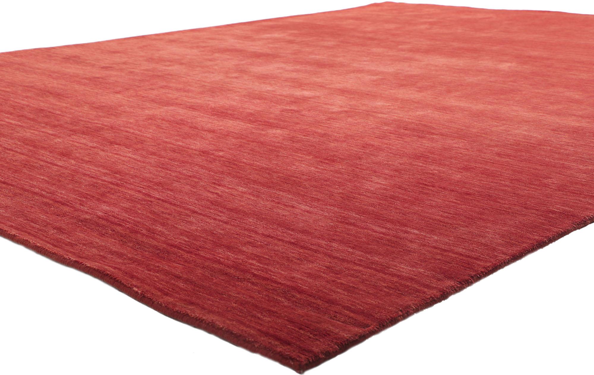30732 New Contemporary Red Area rug with Modern Style 08'11 x 11'10. Effortless, elegant, and casual meets the eye in this contemporary Indian area rug. It features gorgeous red hues and softly gradated striations running selvage to selvage blending