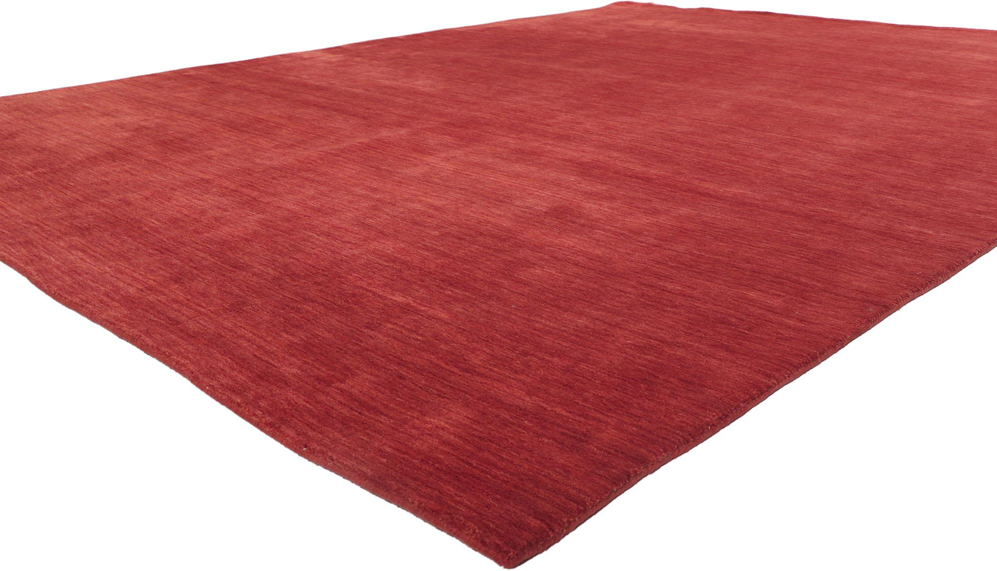 30734 New contemporary red area rug with modern style 08'10 x 11'10. Effortless, elegant, and casual meets the eye in this contemporary Indian area rug. It features gorgeous red hues and softly gradated striations running selvage to selvage blending