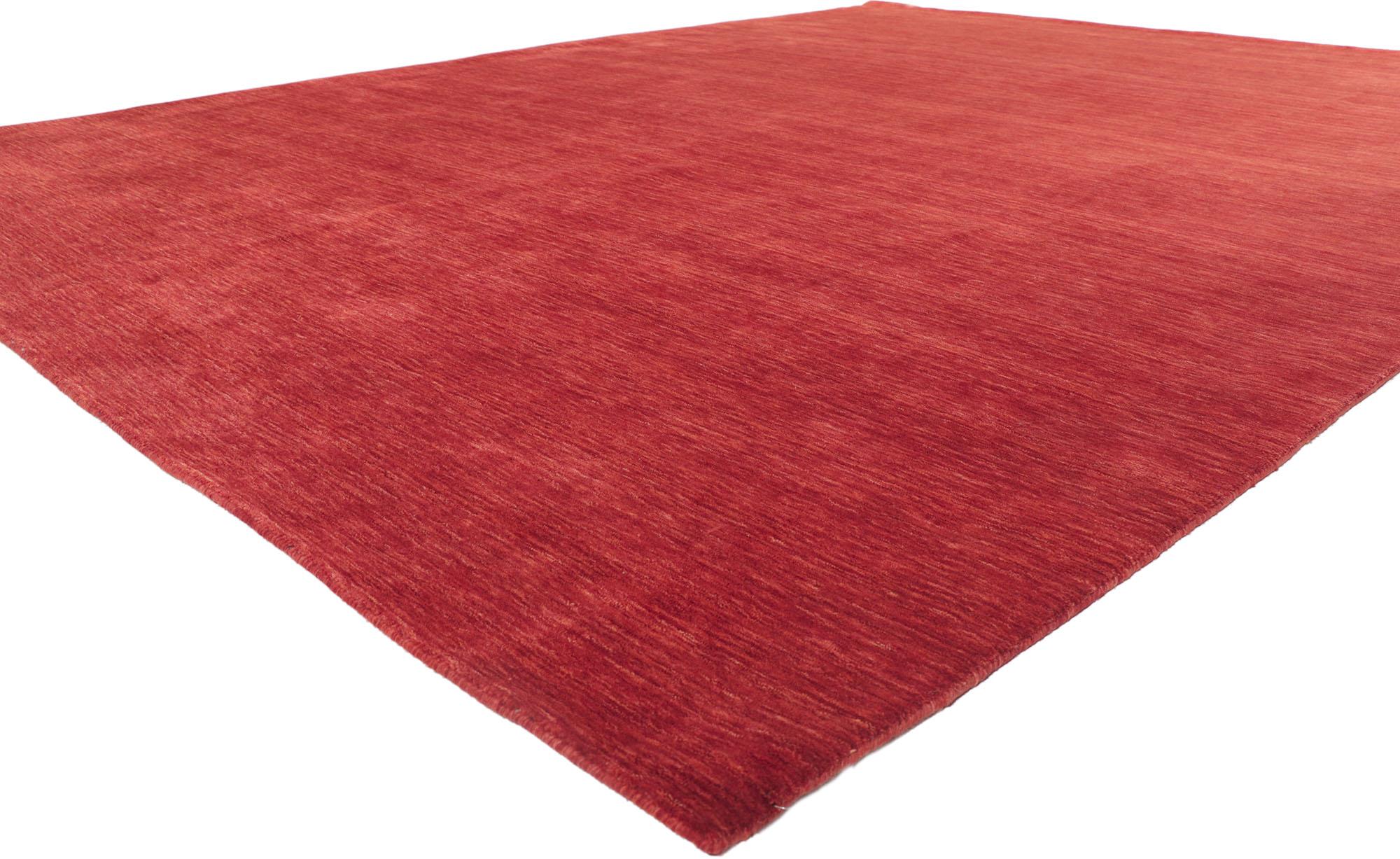 30730 New contemporary red area rug with modern style 09'10 x 12'10. Effortless, elegant, and casual meets the eye in this contemporary Indian area rug. It features gorgeous red hues and softly gradated striations running selvage to selvage blending