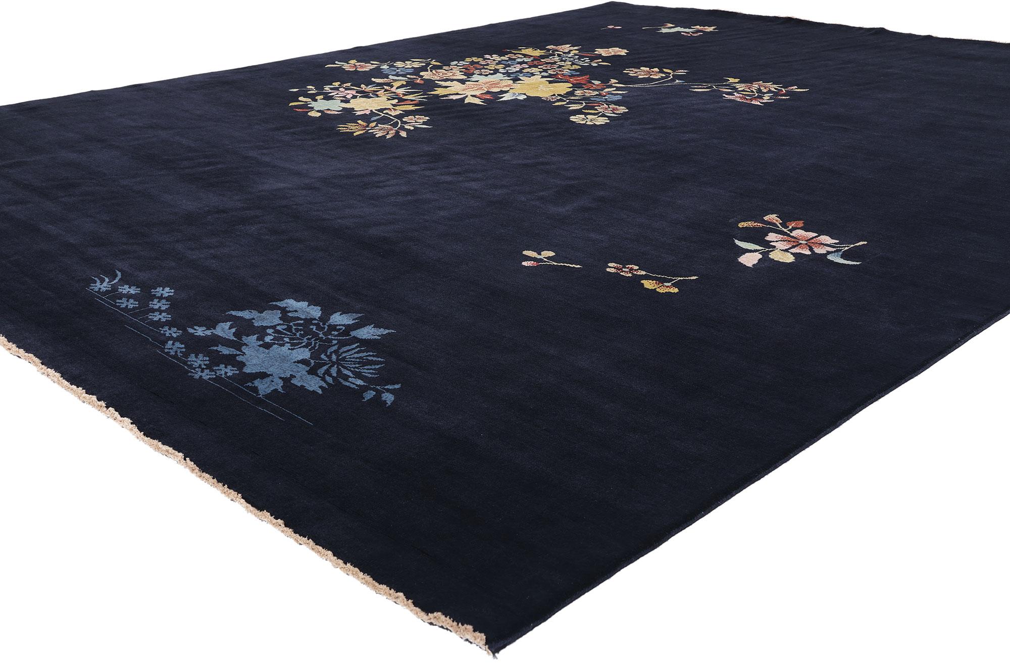 31318 Modern Blue Chinese Art Deco Rug, 10'00 x 12'08. Modern Chinese Art Deco rugs made in India, featuring open fields with asymmetrical flowers and no borders, are contemporary adaptations of early 20th-century Chinese Art Deco designs. These