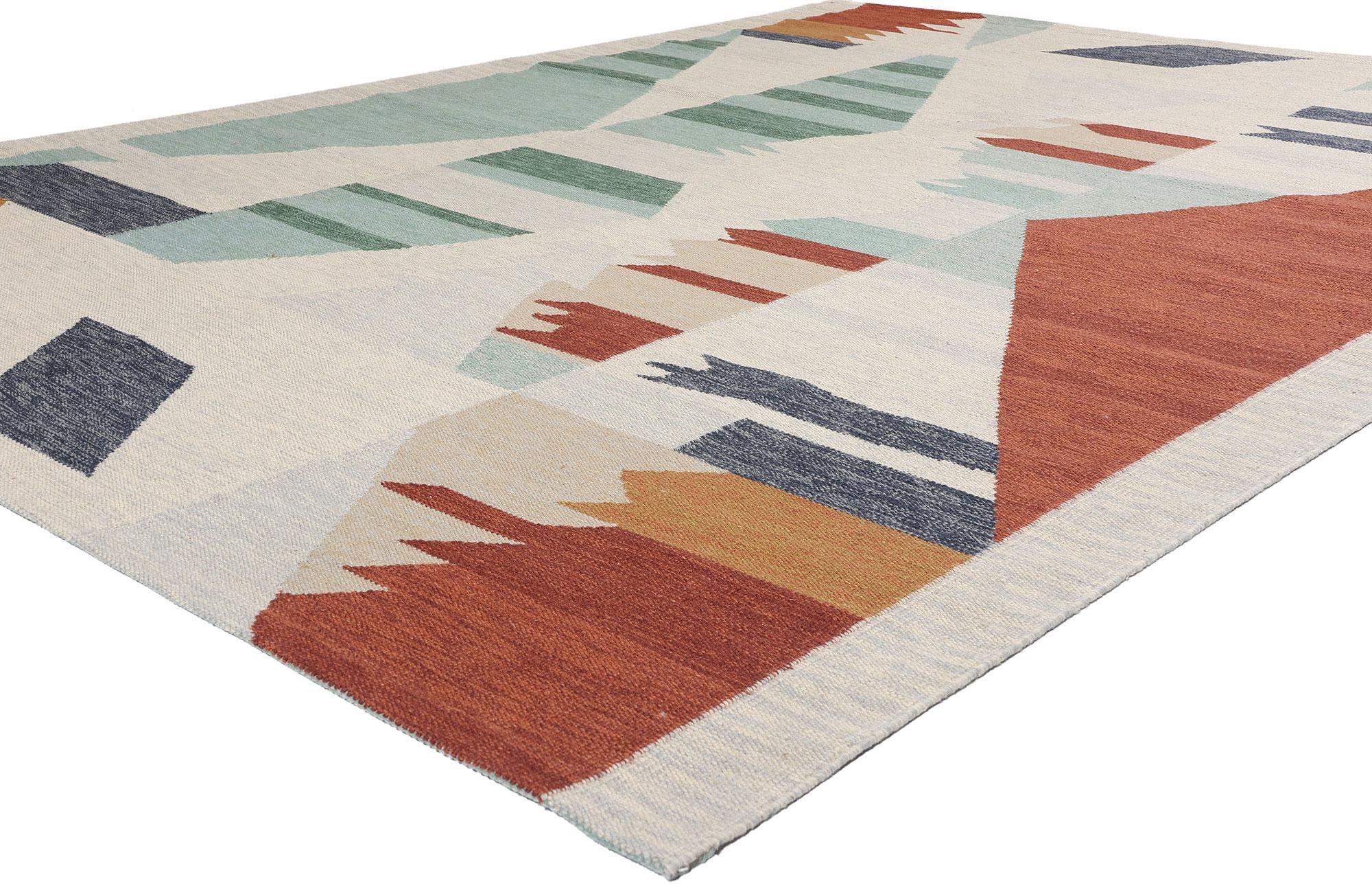31334 Contemporary Scandinavian Swedish Inspired Kilim Rug, 09'00 x 12'00. This stunning handwoven Swedish-inspired kilim rug masterfully blends Contemporary Scandinavian aesthetics with Native American Navajo influences, creating a piece that is