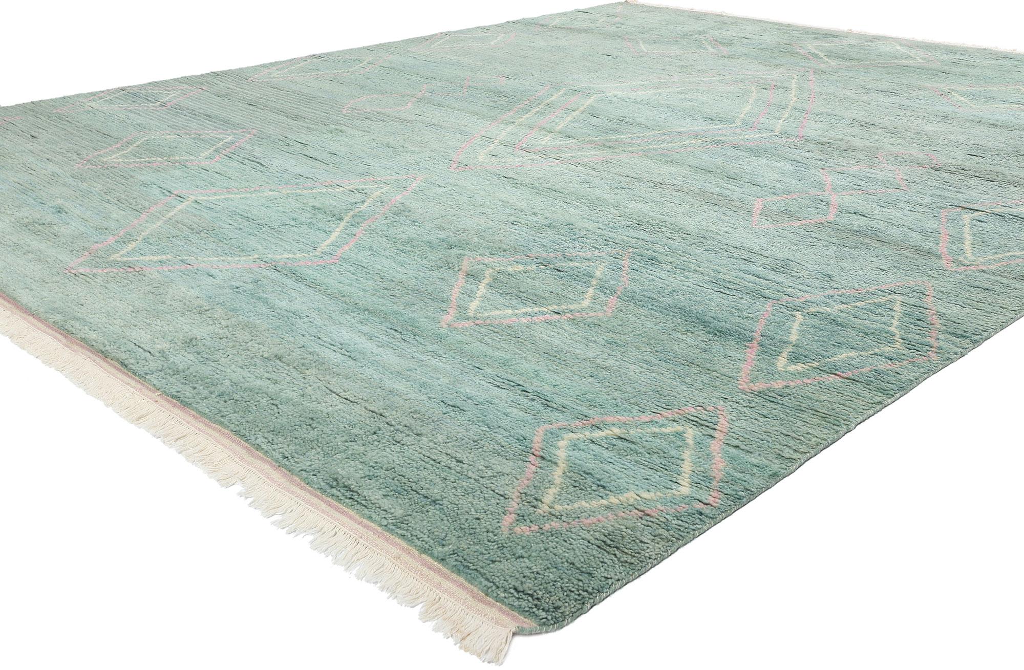 31253 Modern Tribal Light Teal Marokkanischer Teppich, 09'06 x 11'09. Die indisch-marokkanischen Teppiche vereinen nahtlos die für die marokkanische Teppichkunst typischen geometrischen Formen, modernen Designs und symbolischen Motive. Diese in