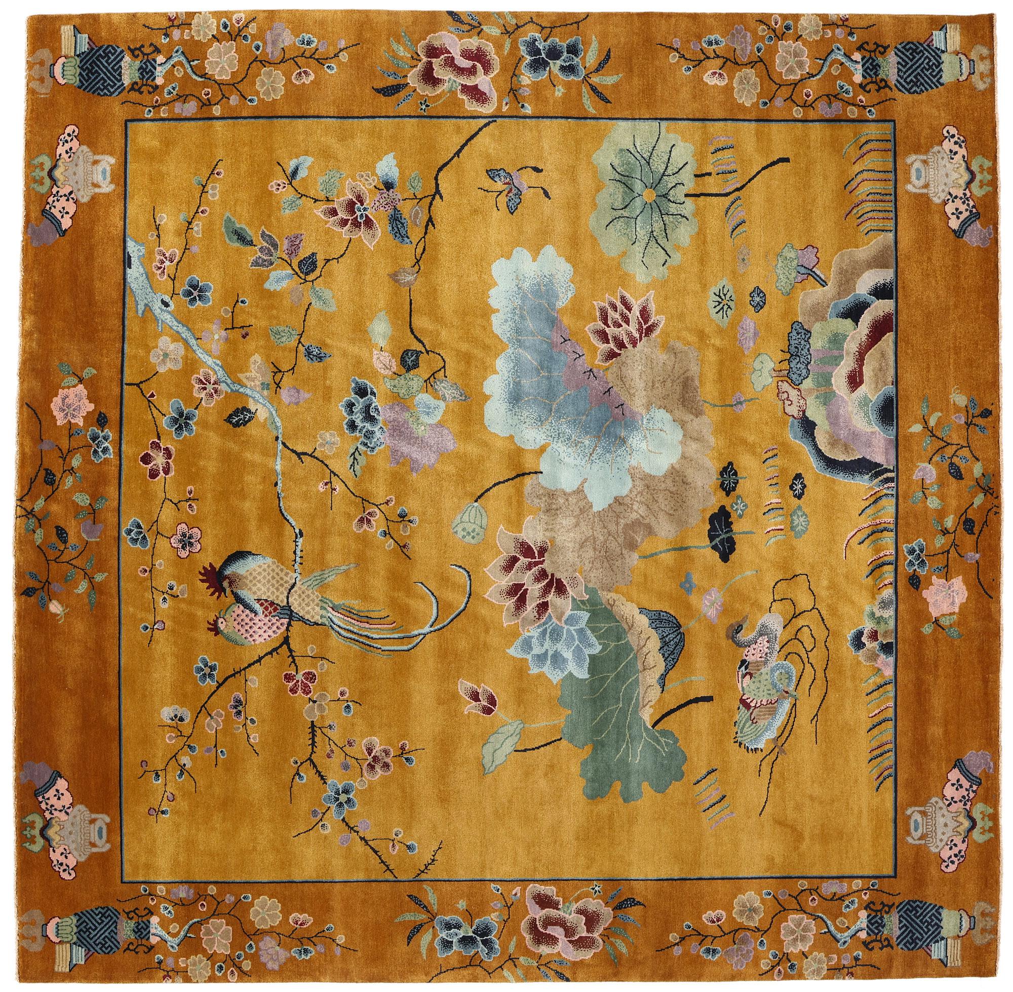 New Contemporary Square Gold Chinese Art Deco Rug 3