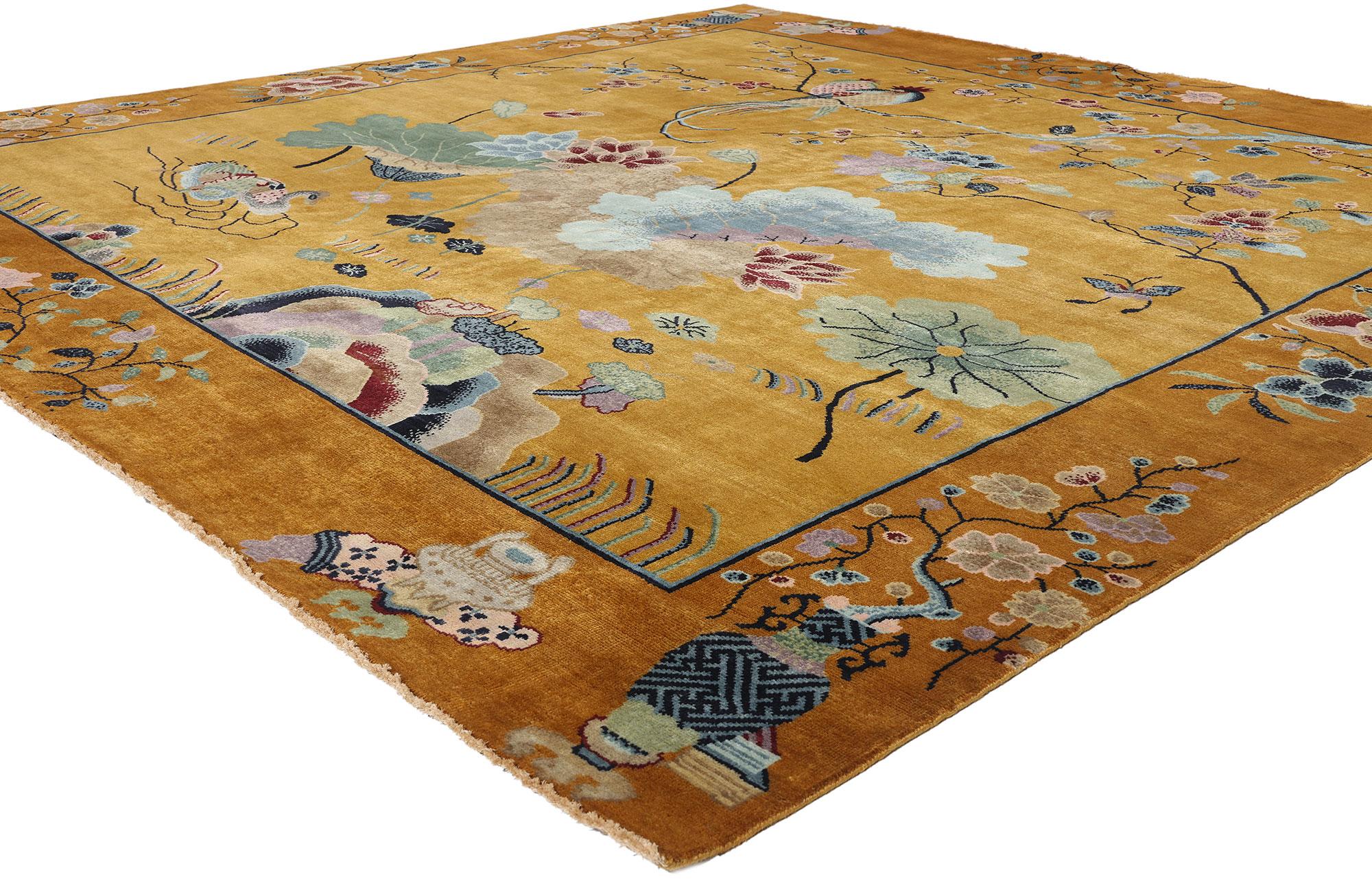 31086 Modern Square Chinese Art Deco Pictorial Rug, 09'10 x 09'11. Modern Chinese Art Deco pictorial rugs made in India are a mesmerizing reinterpretation of early 20th-century Chinese Art Deco designs. These enchanting rugs burst with vibrant