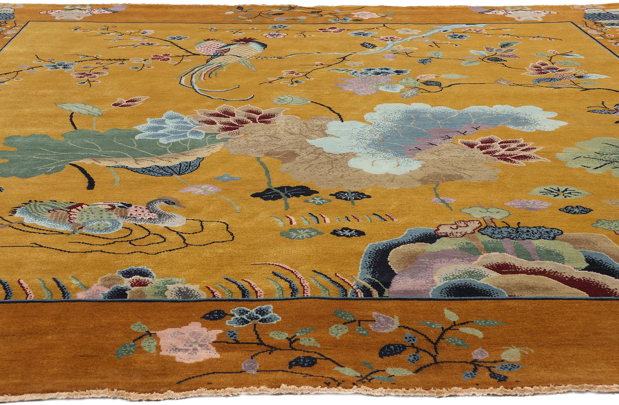 Chinese Export New Contemporary Square Gold Chinese Art Deco Rug