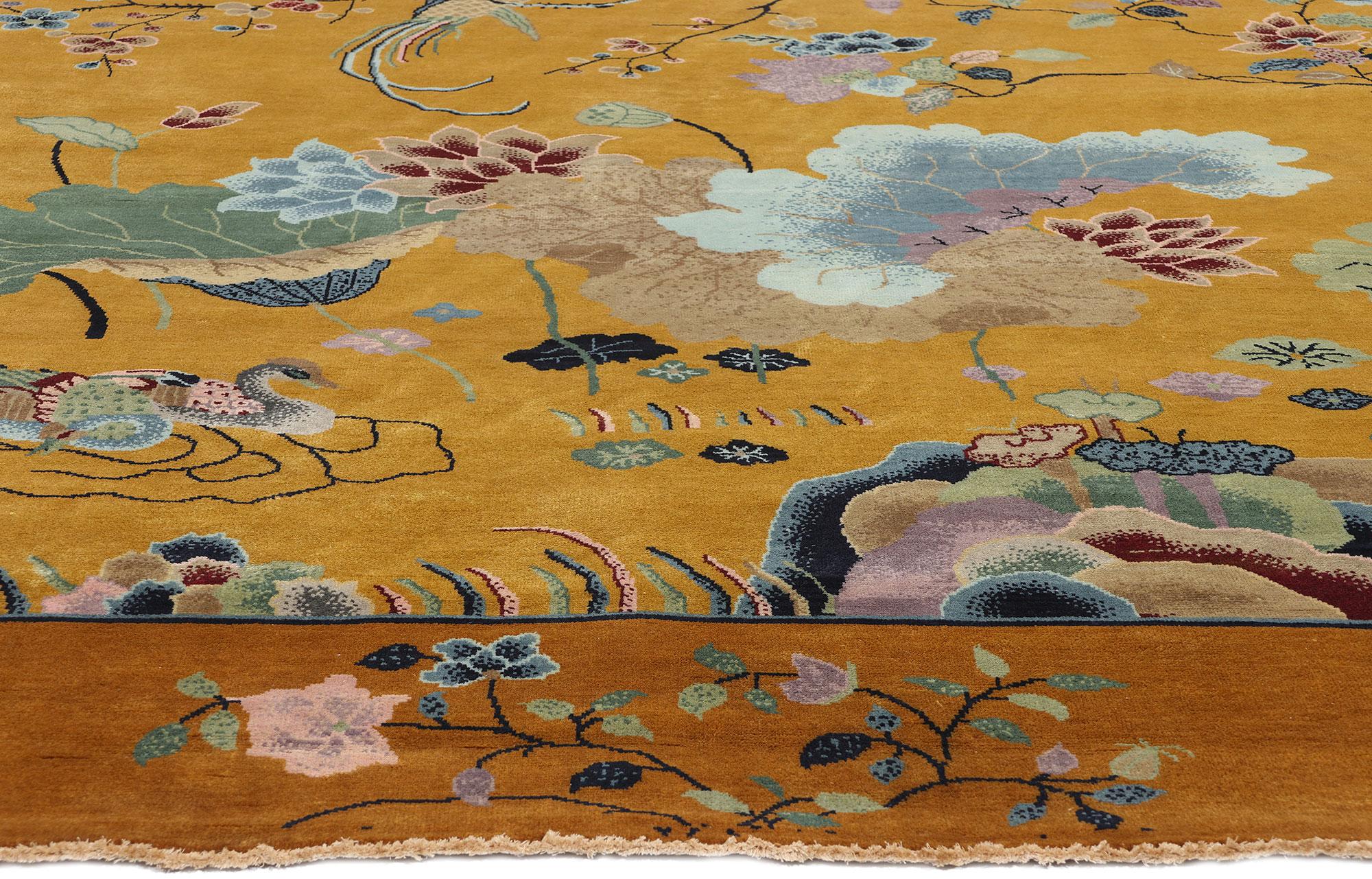 Indian New Contemporary Square Gold Chinese Art Deco Rug