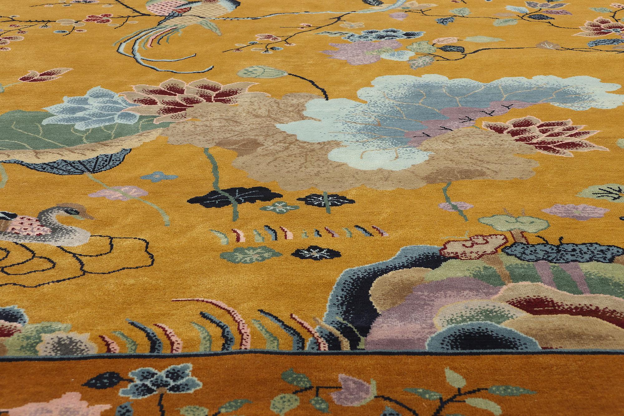 Hand-Knotted New Contemporary Square Gold Chinese Art Deco Rug
