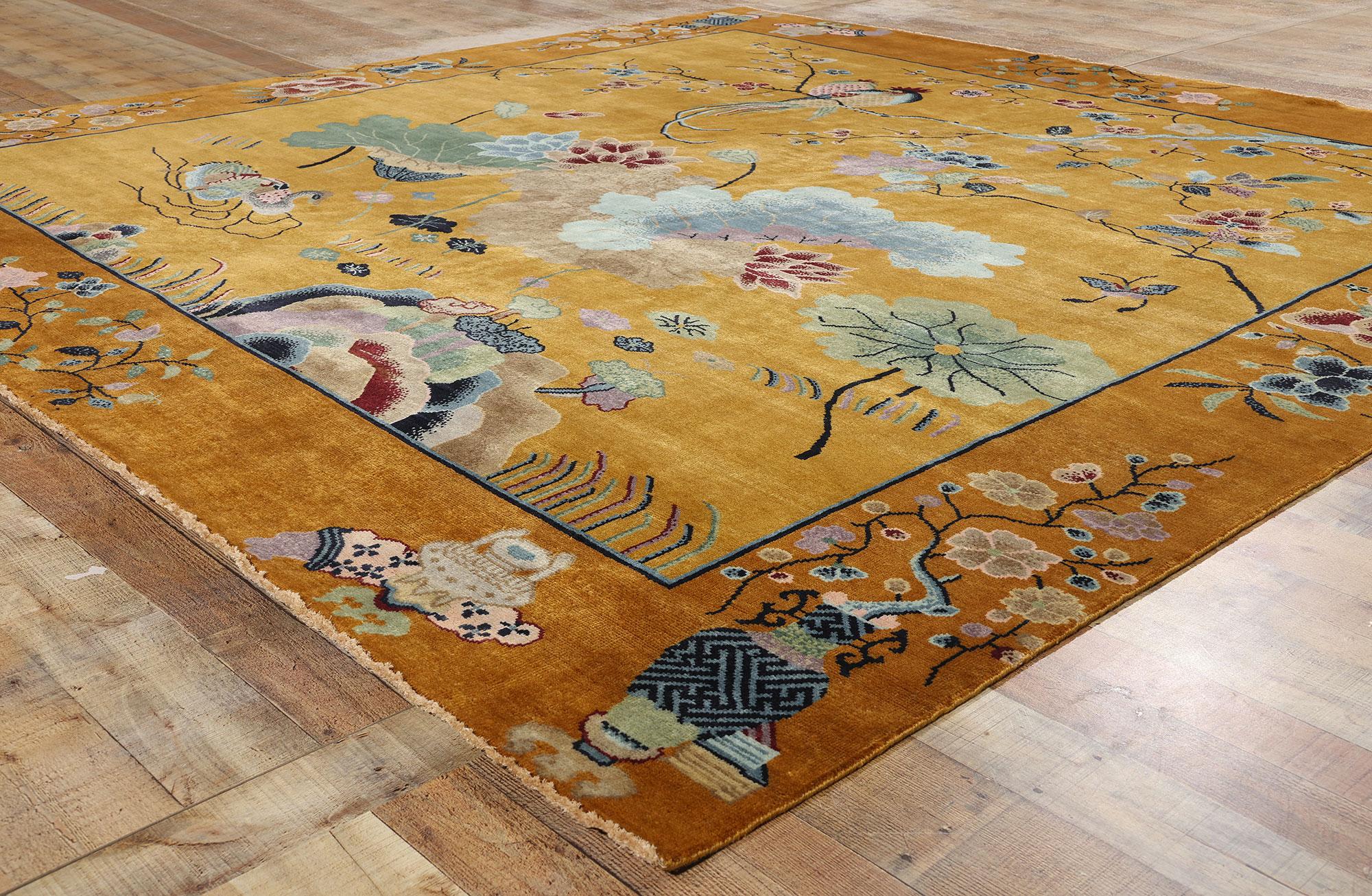 Wool New Contemporary Square Gold Chinese Art Deco Rug