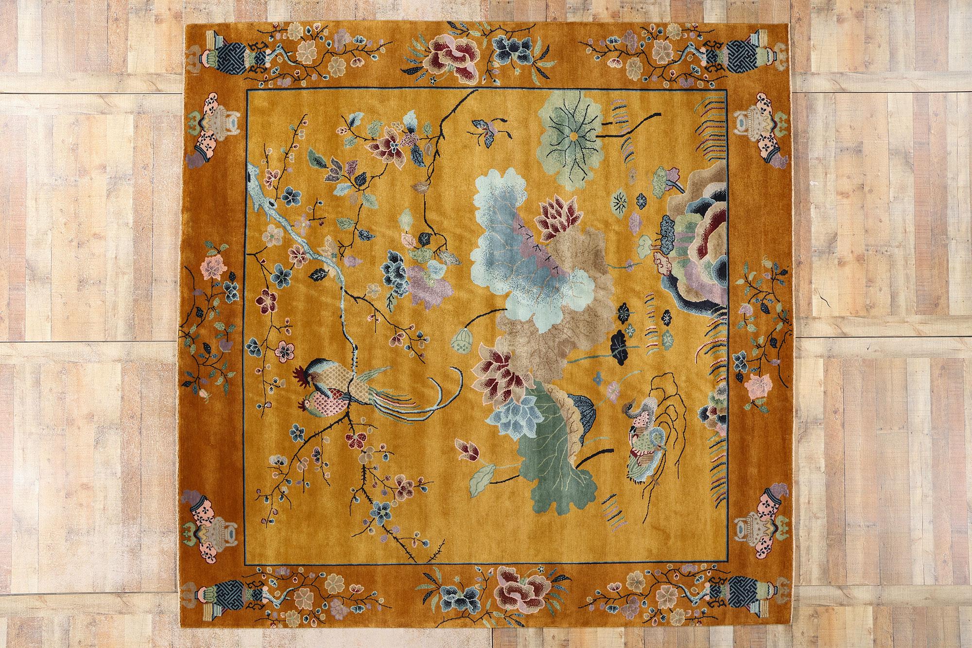 New Contemporary Square Gold Chinese Art Deco Rug 2