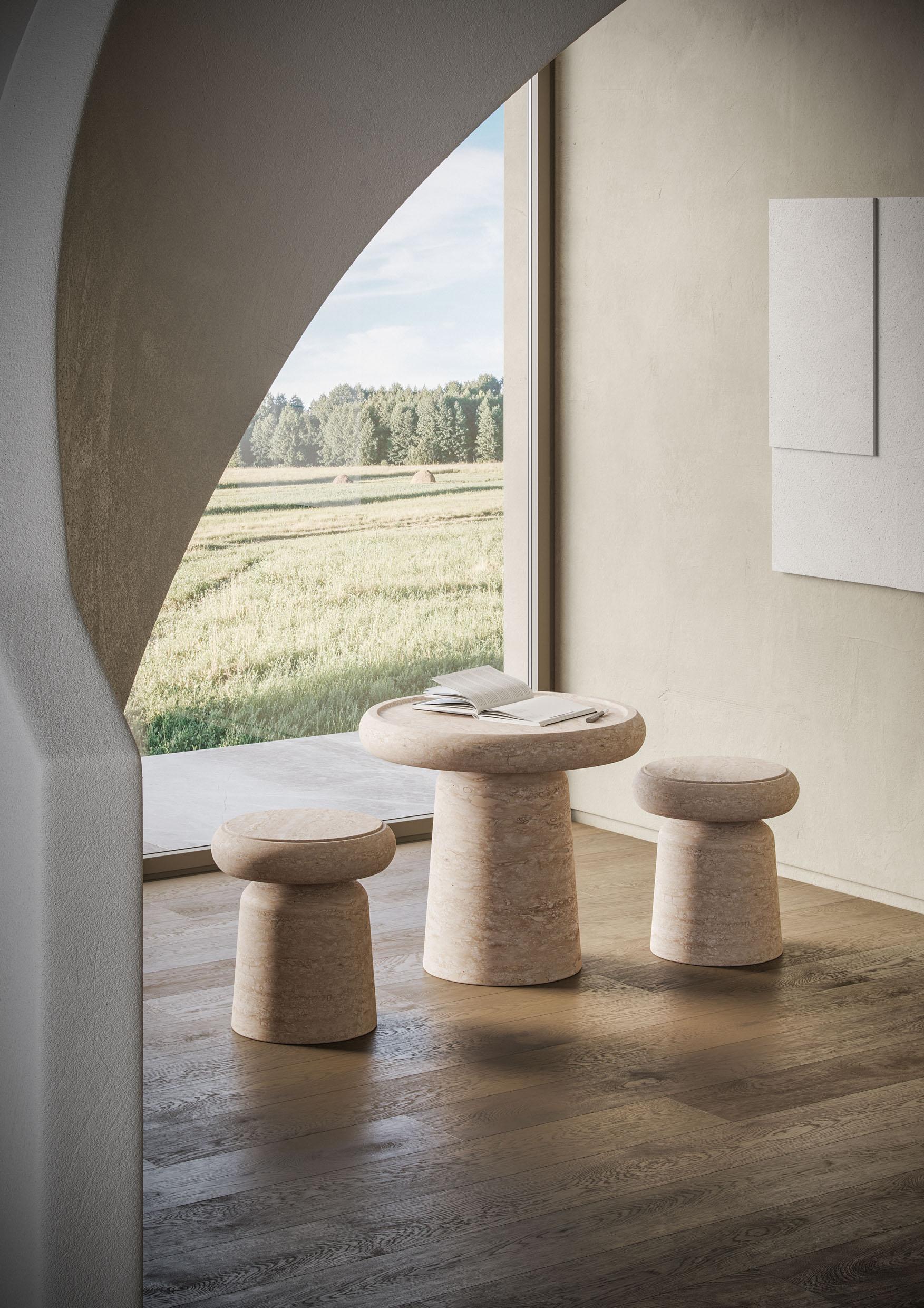 Moderne Tabouret/table d'appoint moderne en travertin, designer Ivan Colominas en vente