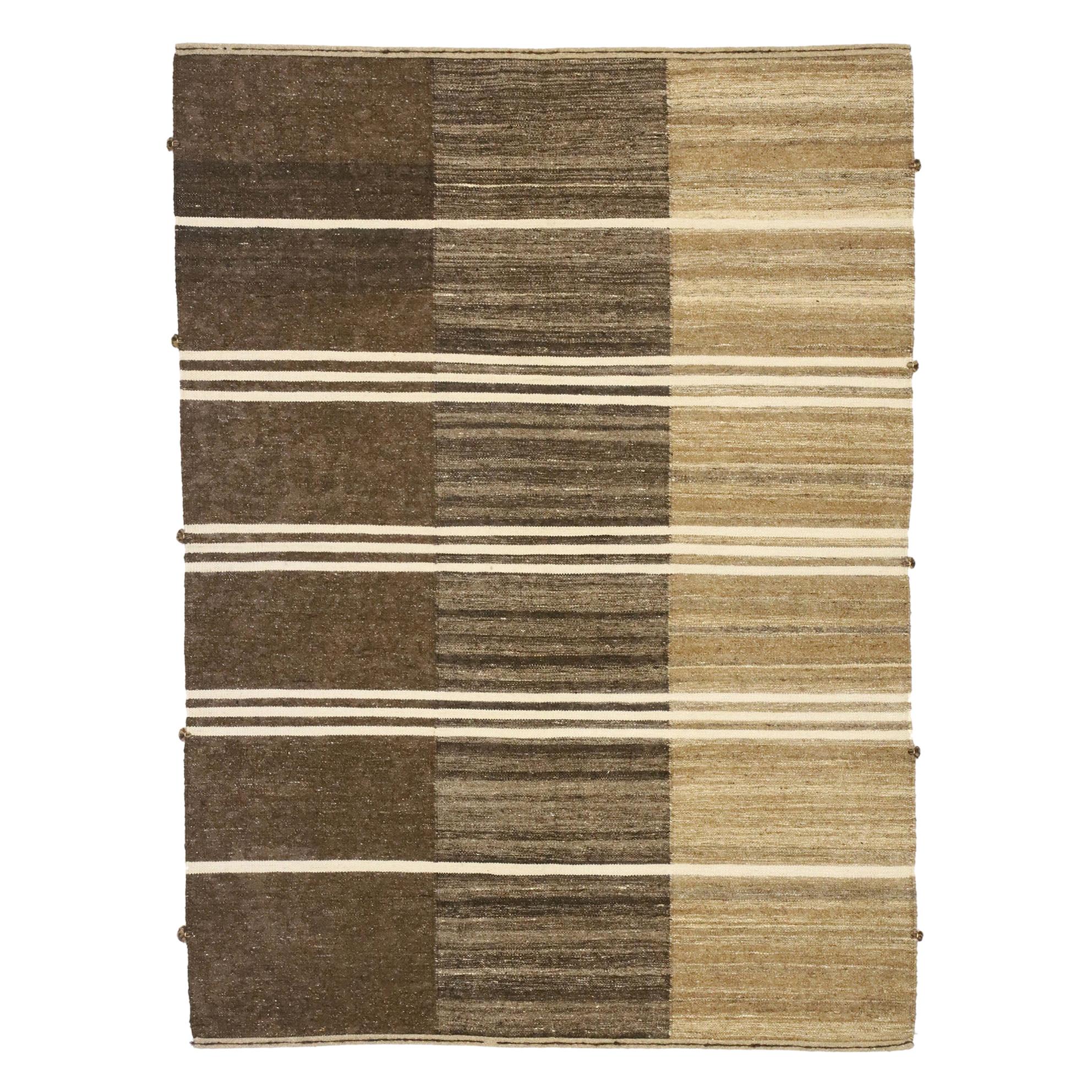 New Contemporary Striped Kilim Rug with Modern Cabin Style, Brown Flat