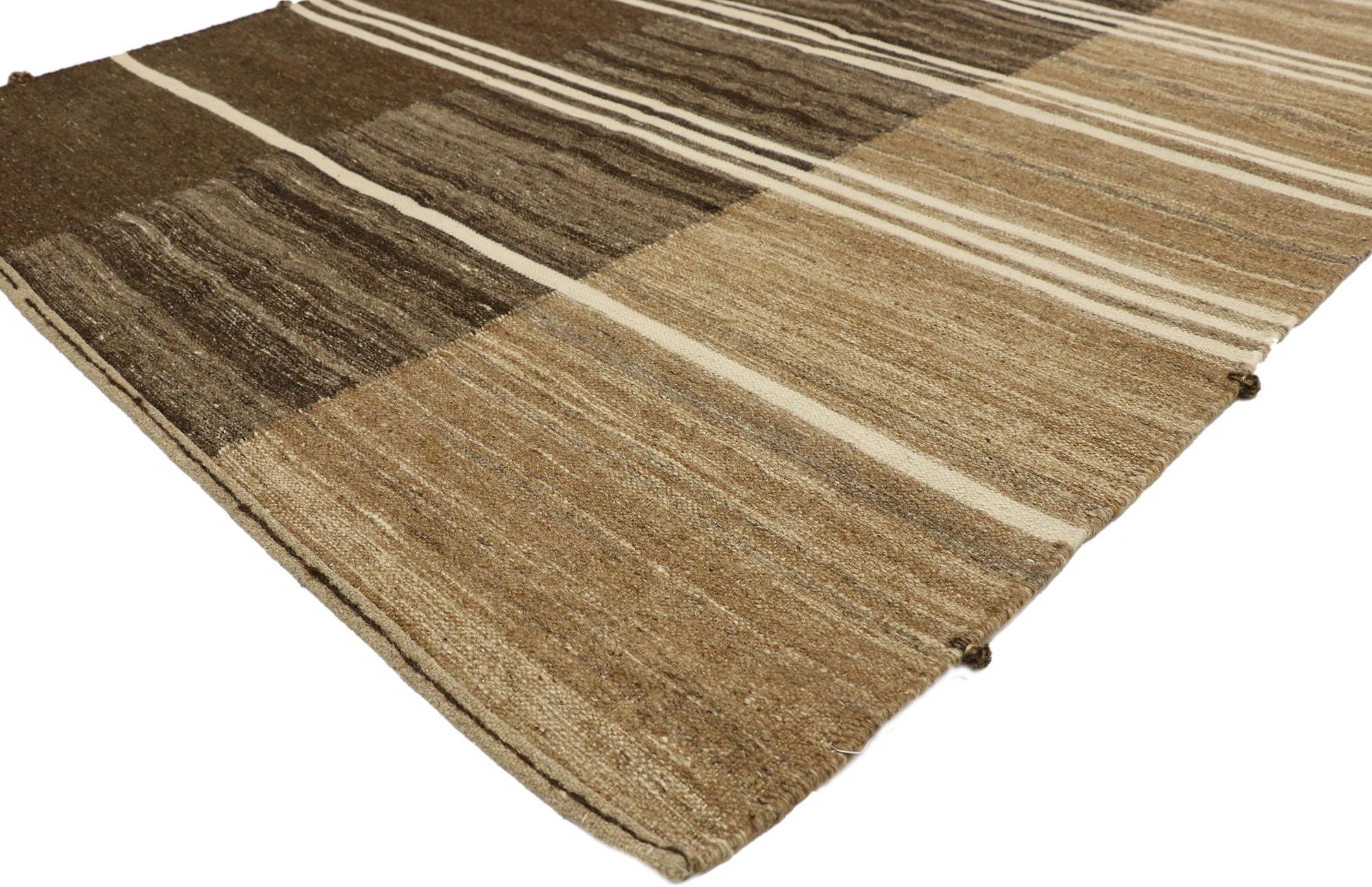 Indian New Contemporary Striped Kilim Rug with Modern Style, Brown Flat-Weave Rug