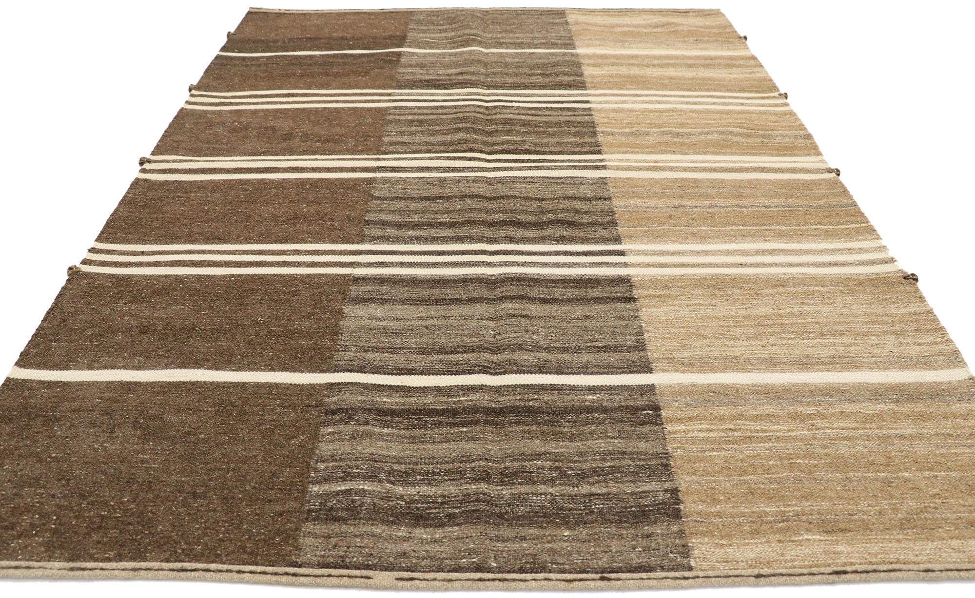 Hand-Woven New Contemporary Striped Kilim Rug with Modern Style, Brown Flat-Weave Rug