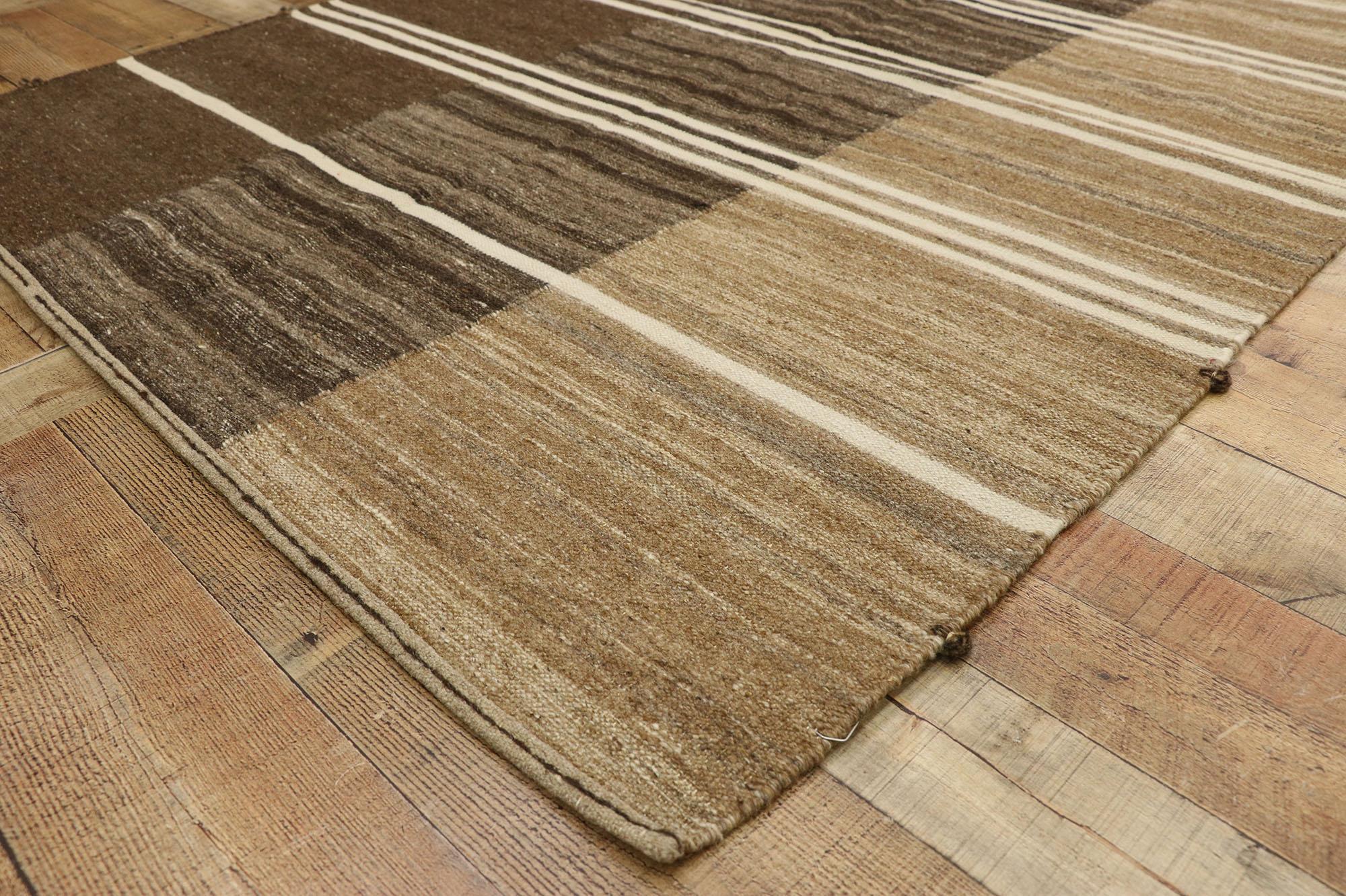 Wool New Contemporary Striped Kilim Rug with Modern Style, Brown Flat-Weave Rug