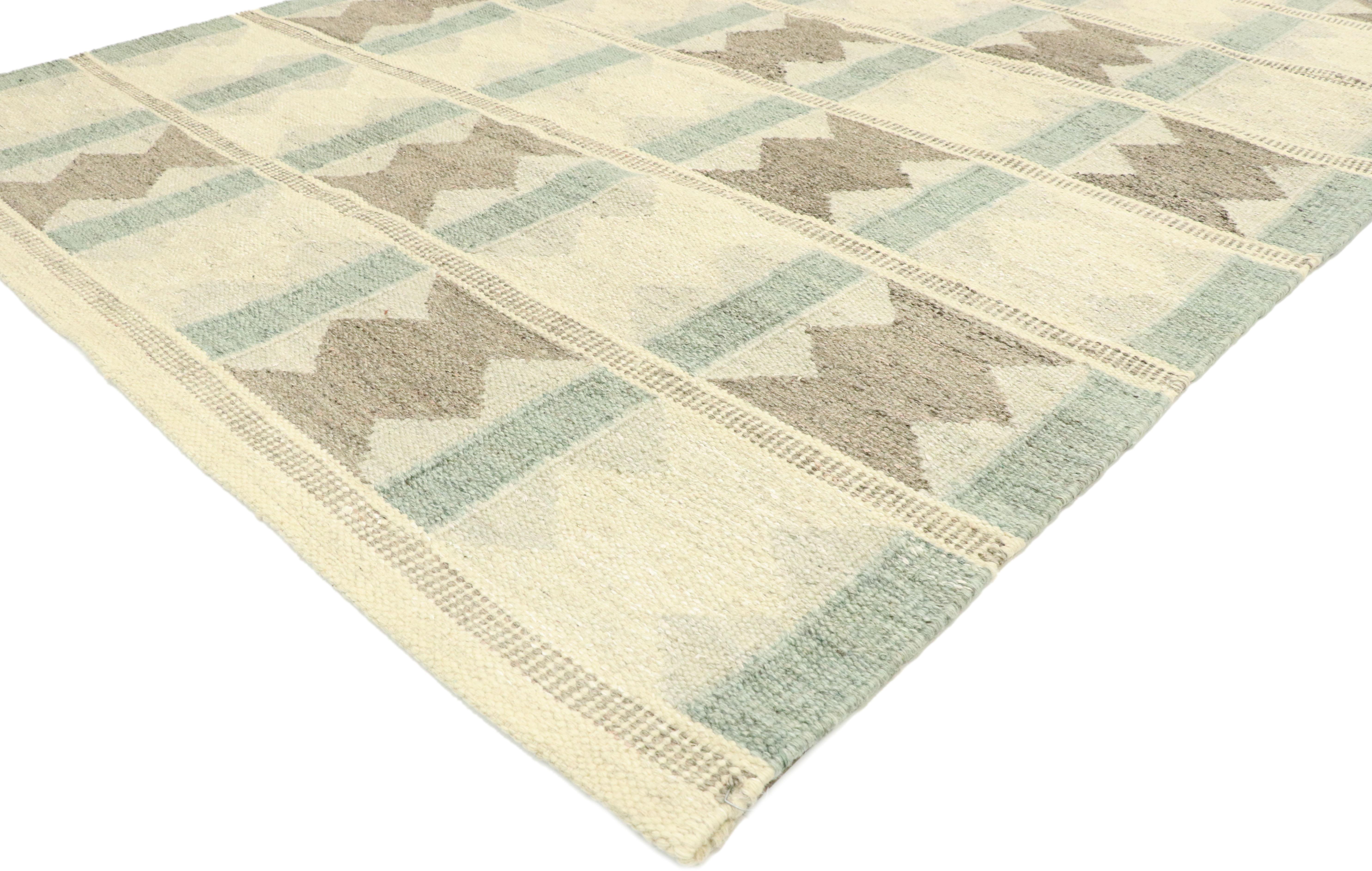 30526 New Contemporary Swedish Indian Kilim Rug with Scandinavian Modern Style 05'04 x 08'02. With its geometric design and bohemian hygge vibes, this hand-woven wool Swedish Indian Kilim rug beautifully embodies the simplicity of Scandinavian