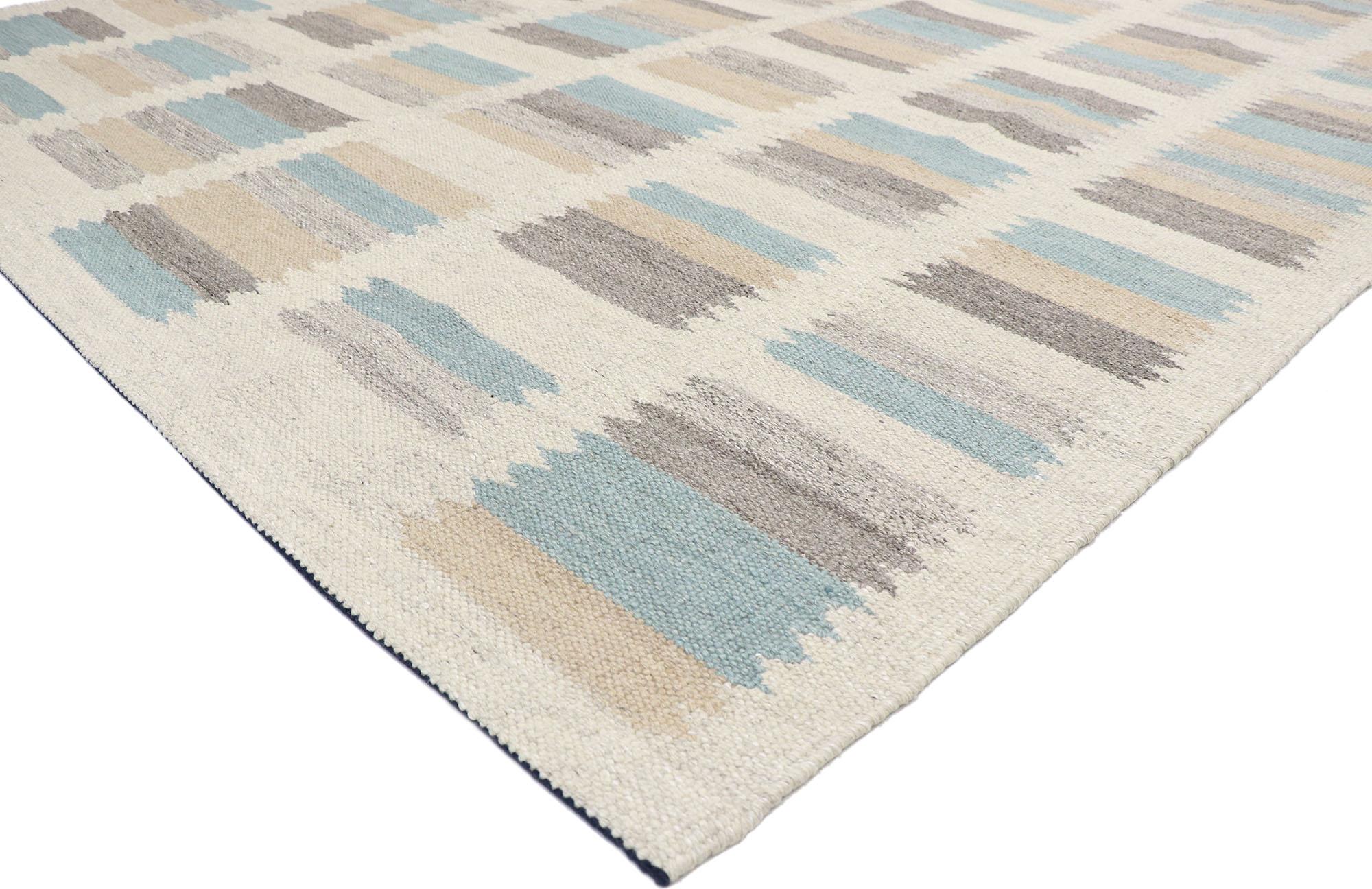 30637 New Contemporary Swedish Inspired Kilim Rug with Scandinavian Modern Style 09'03 x 11'07. With its geometric design and bohemian hygge vibes, this hand-woven wool Swedish Indian Kilim rug beautifully embodies the simplicity of Scandinavian