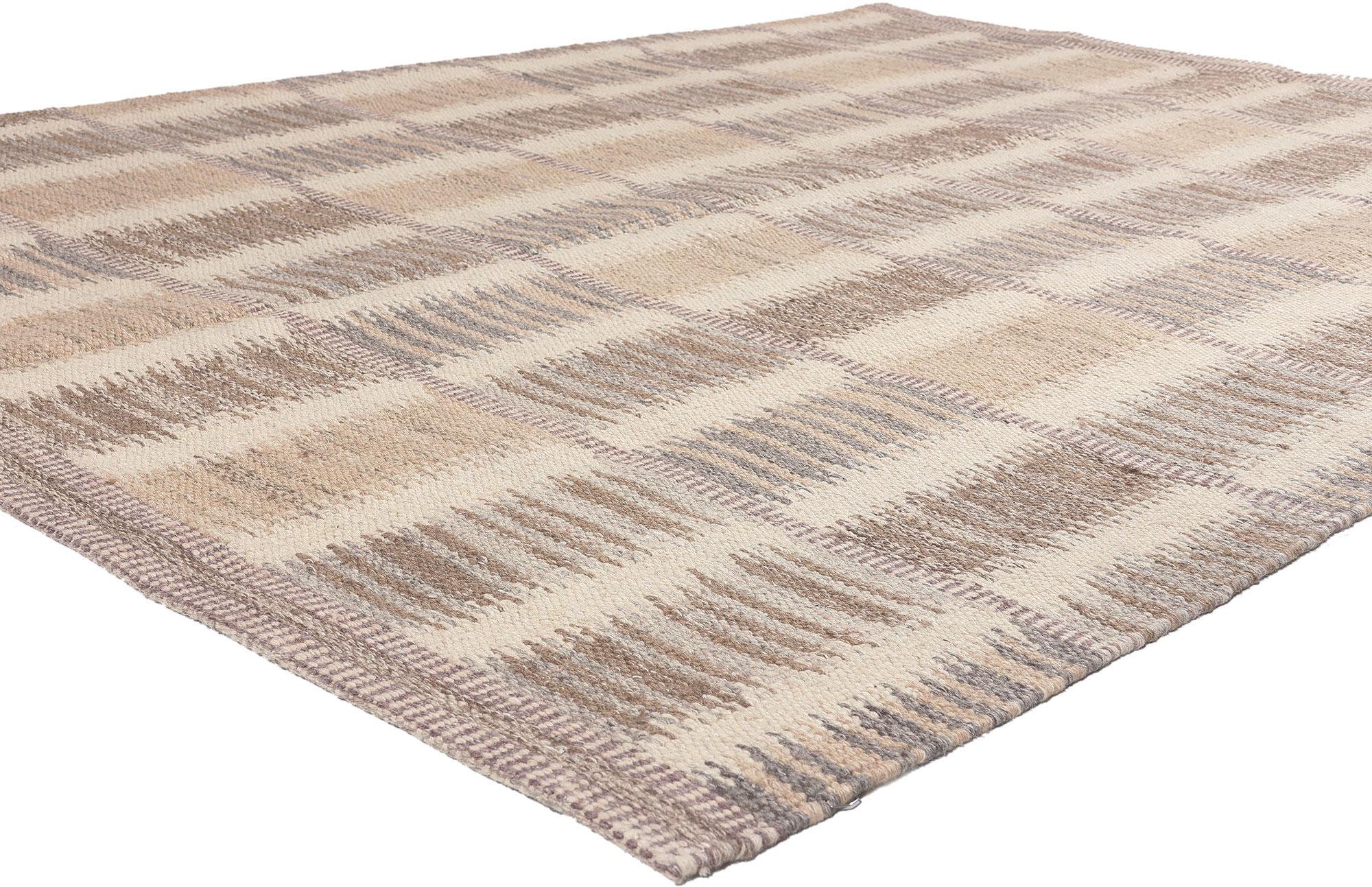 30640 New Swedish Inspired Kilim Rug, 06'04 x 08'09.
Scandinavian Modern style meets subtle shibui in this handwoven Swedish inspired Kilim rug. The intrinsic geometric design and neutral earthy hues woven into this piece work together creating calm