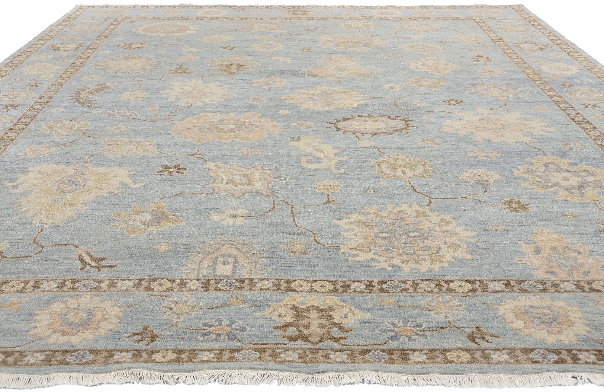 Indian New Contemporary Taupe & Blue Oushak Rug, 09'03 x 11'10 For Sale