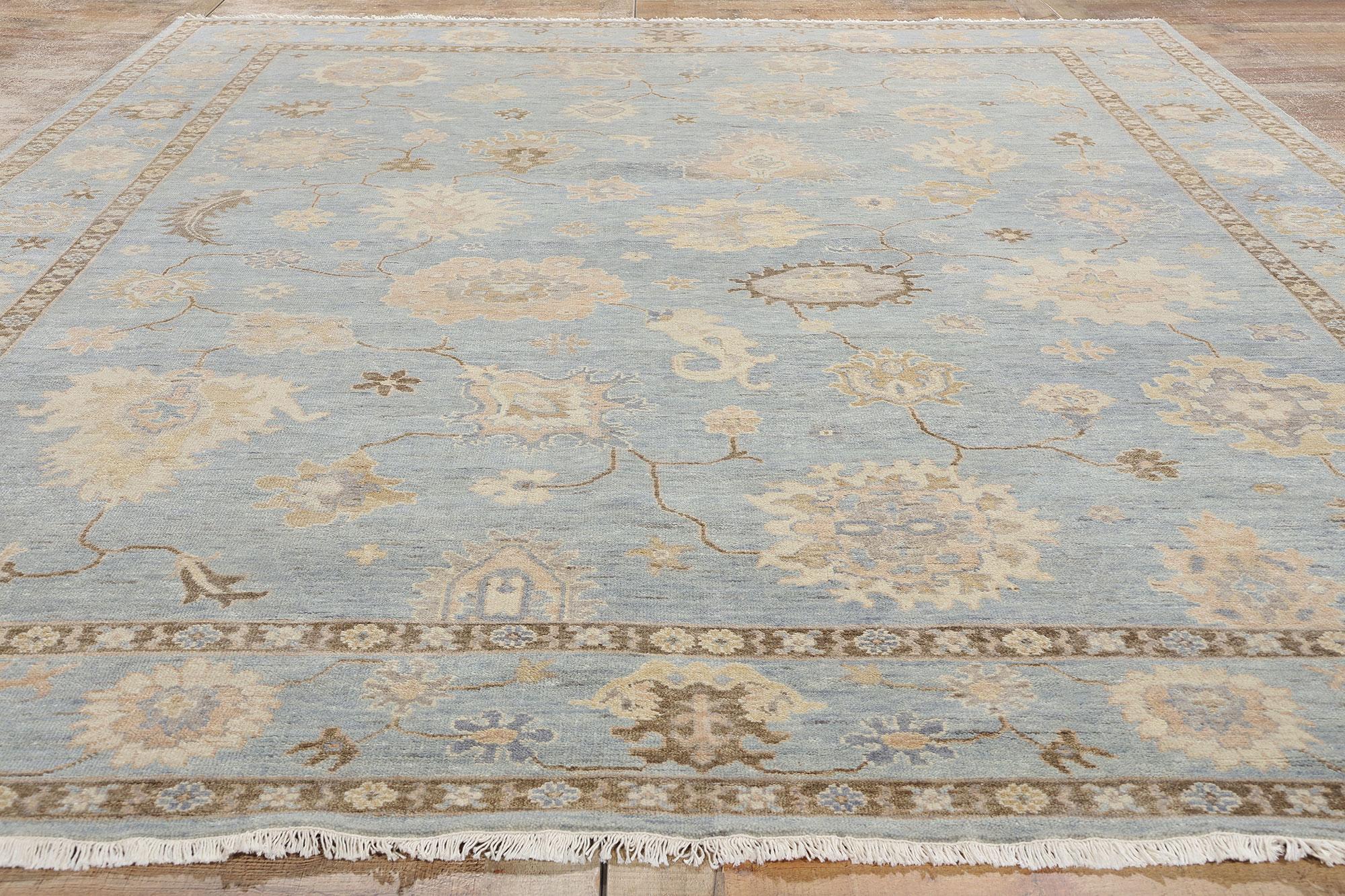 New Contemporary Taupe & Blue Oushak Rug, 09'03 x 11'10 For Sale 2