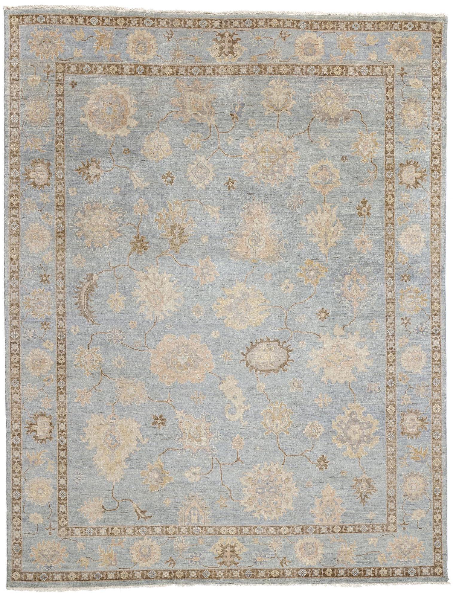 New Contemporary Taupe & Blue Oushak Rug, 09'03 x 11'10 For Sale