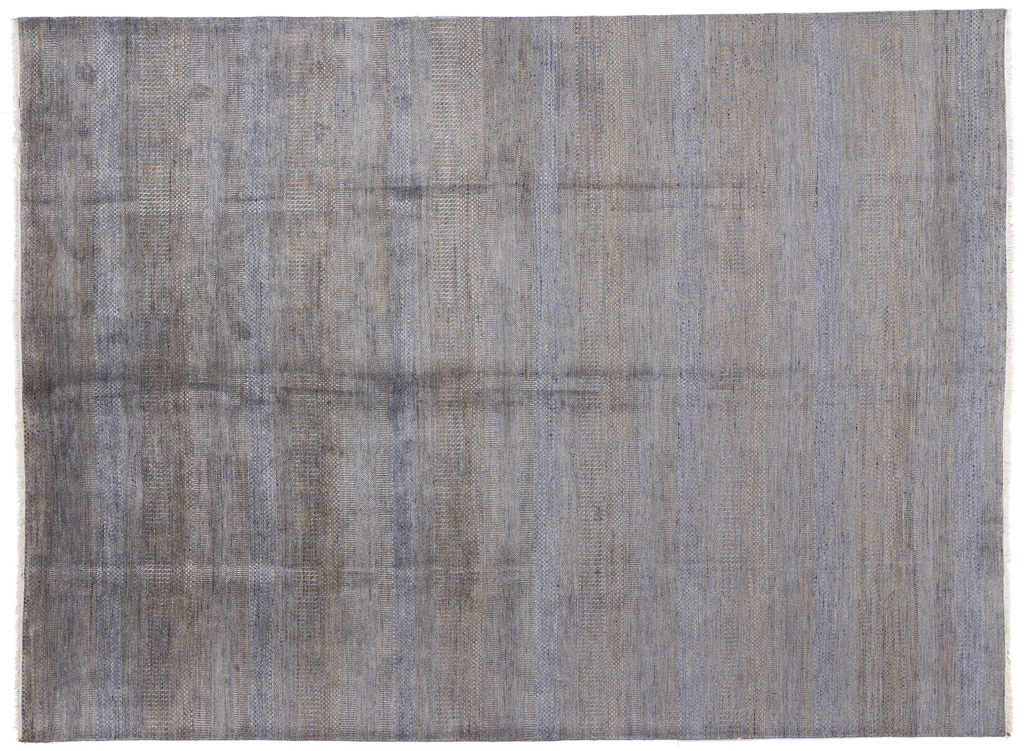 30332 New Transitional Indian Rug, 09'00 x 12'02. A symphony of subtlety and sophistication, this hand-knotted wool and silk transitional rug from India embodies the perfect harmony between classical refinement and modern sensibility. Its muted