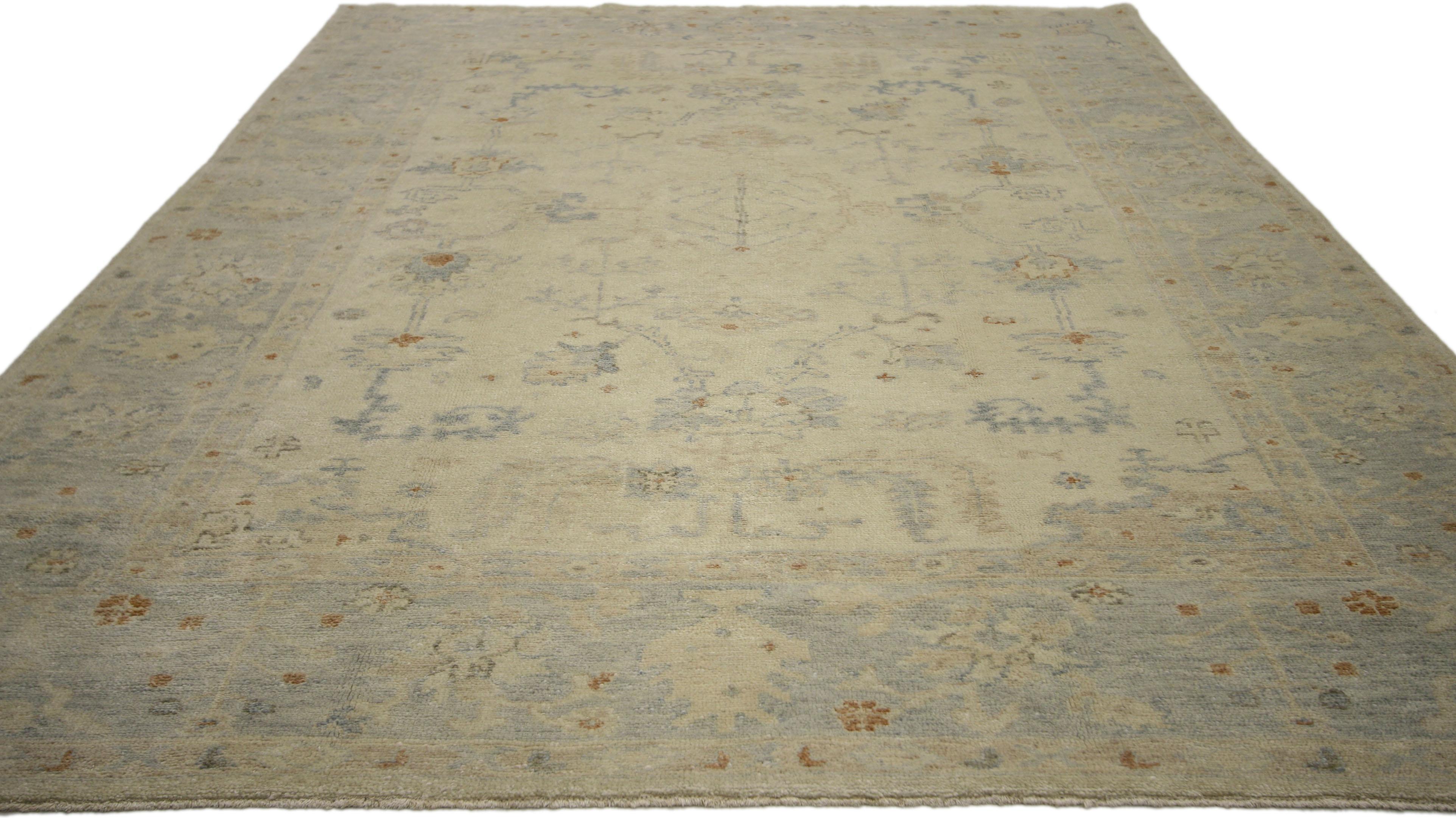 Indian Contemporary Transitional Oushak Style Rug with Cool-Tone Neutral Colors For Sale