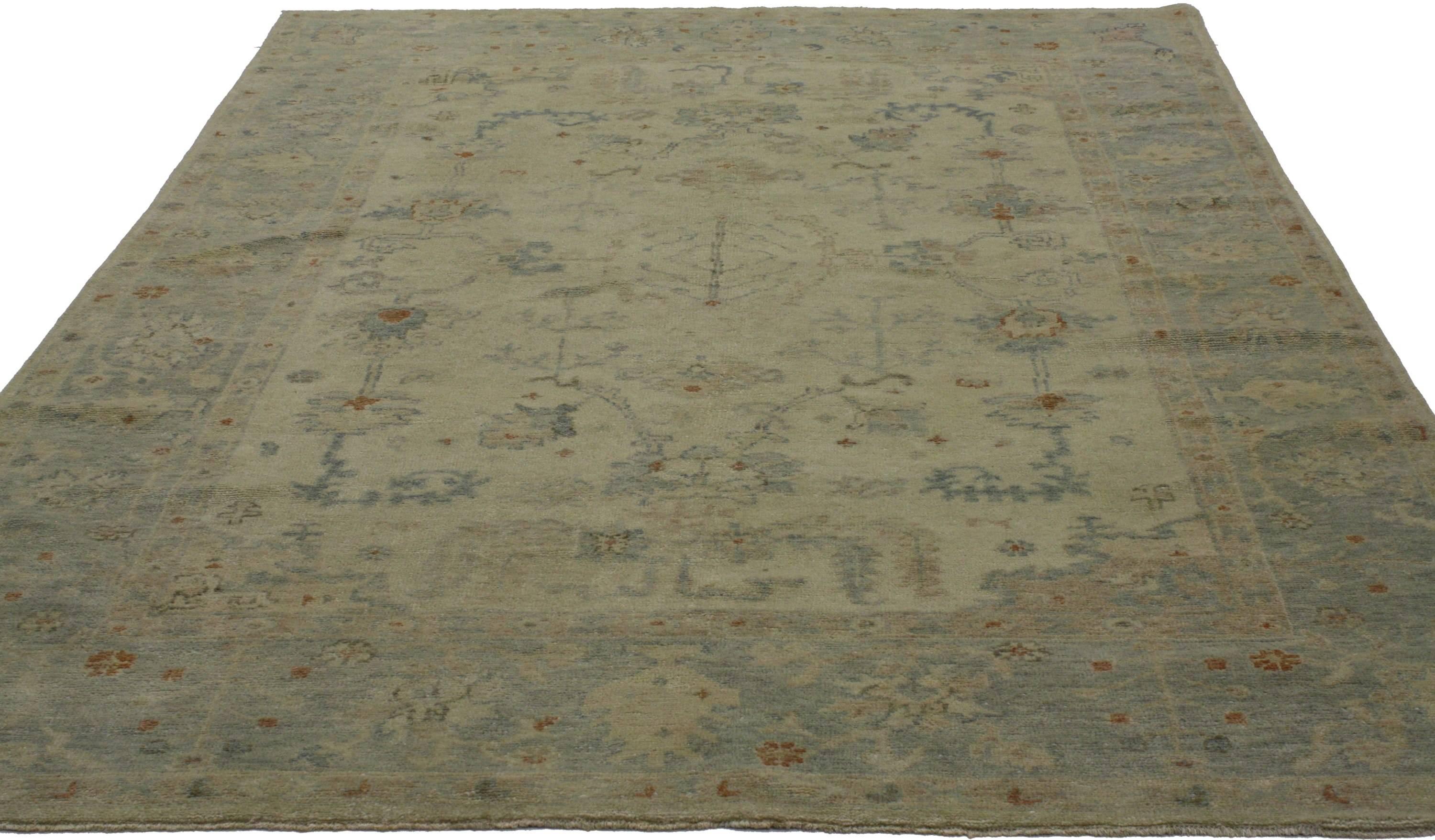 Hand-Knotted Contemporary Transitional Oushak Style Rug with Cool-Tone Neutral Colors For Sale