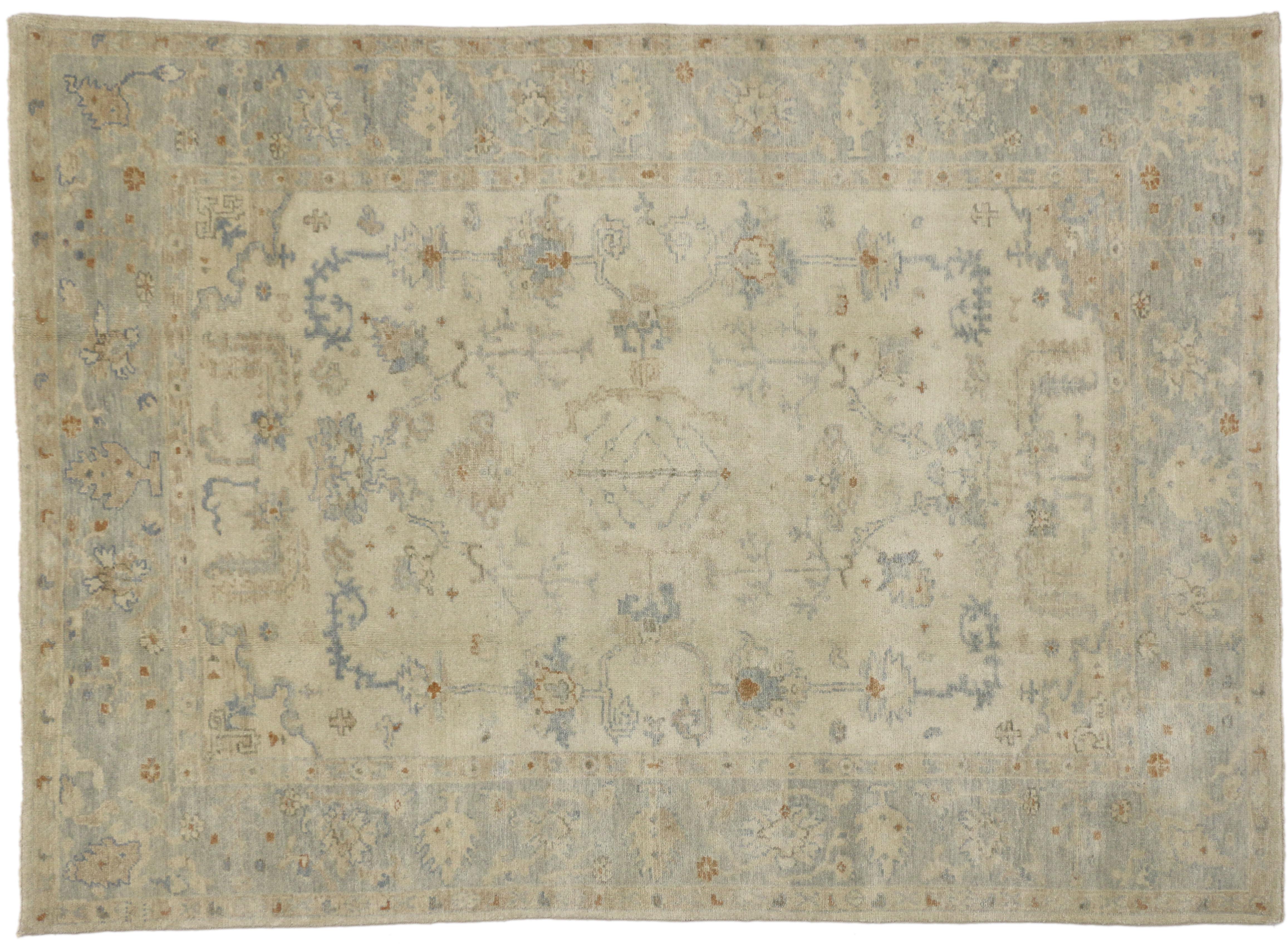 Wool Contemporary Transitional Oushak Style Rug with Cool-Tone Neutral Colors For Sale