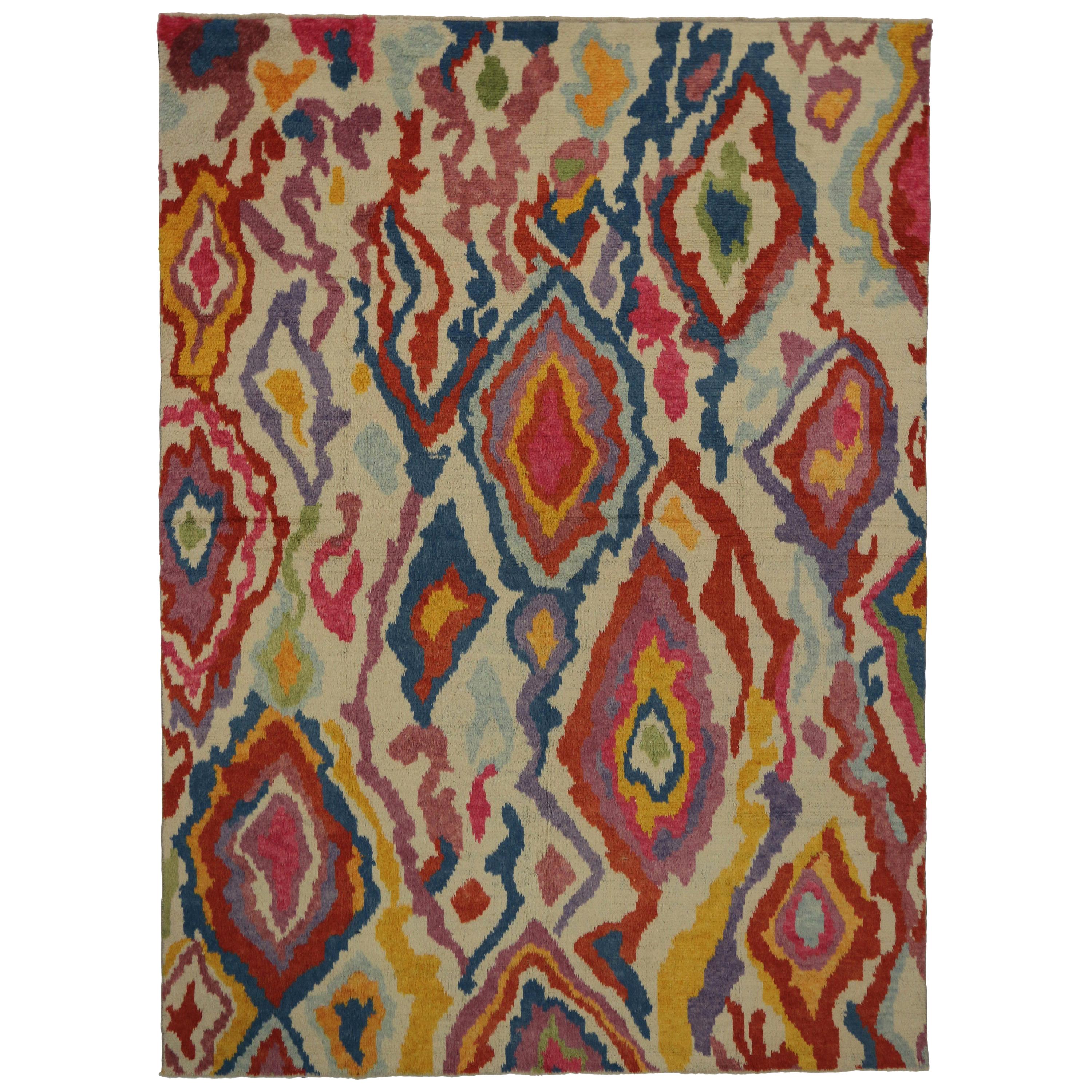 51863, new contemporary Tulu Shag rug Inspired by Judy Chicago & Georgia O'Keeffe. This hand knotted wool contemporary Tulu shag area rug with Postmodern style features a bold all-over geometric pattern composed of ambiguous organic shapes,
