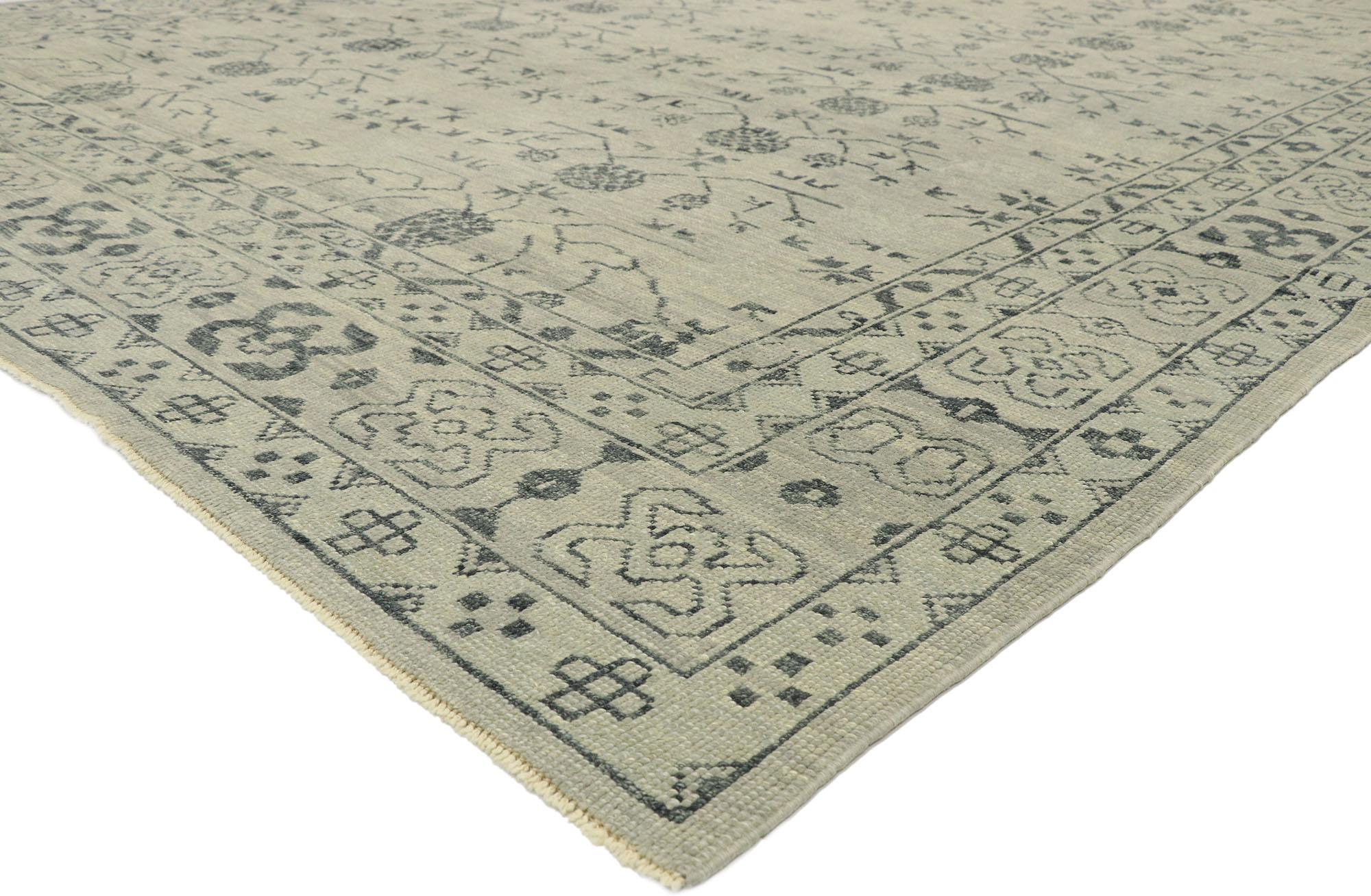 52914 New Contemporary Turkish Khotan rug with Modern Transitional style. Blending elements from the modern world with light and airy colors, this hand knotted wool contemporary Turkish Khotan rug will boost the coziness factor in nearly any space.